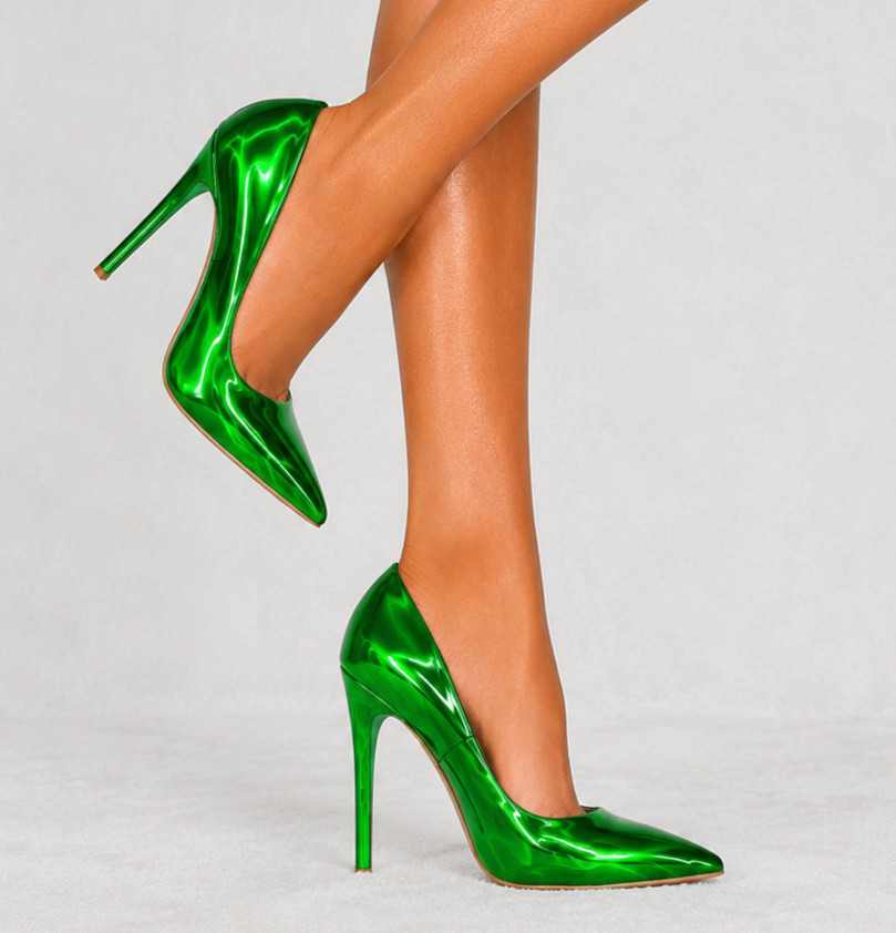 Jewels Bright Green Metallic Hologram 4″ Heel Stiletto Shoes Pointy Toe Pumps