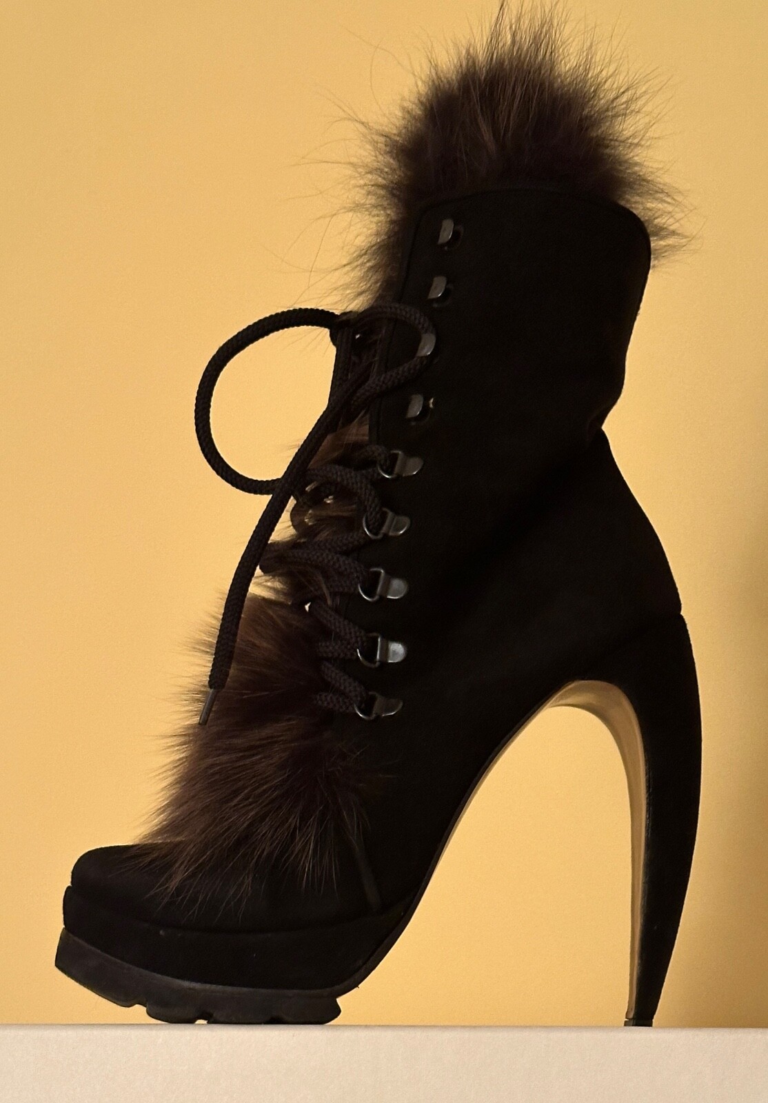Walter Steiger Platf Black Suede With Real Fox Fur Tongue High Ank Boots size 40
