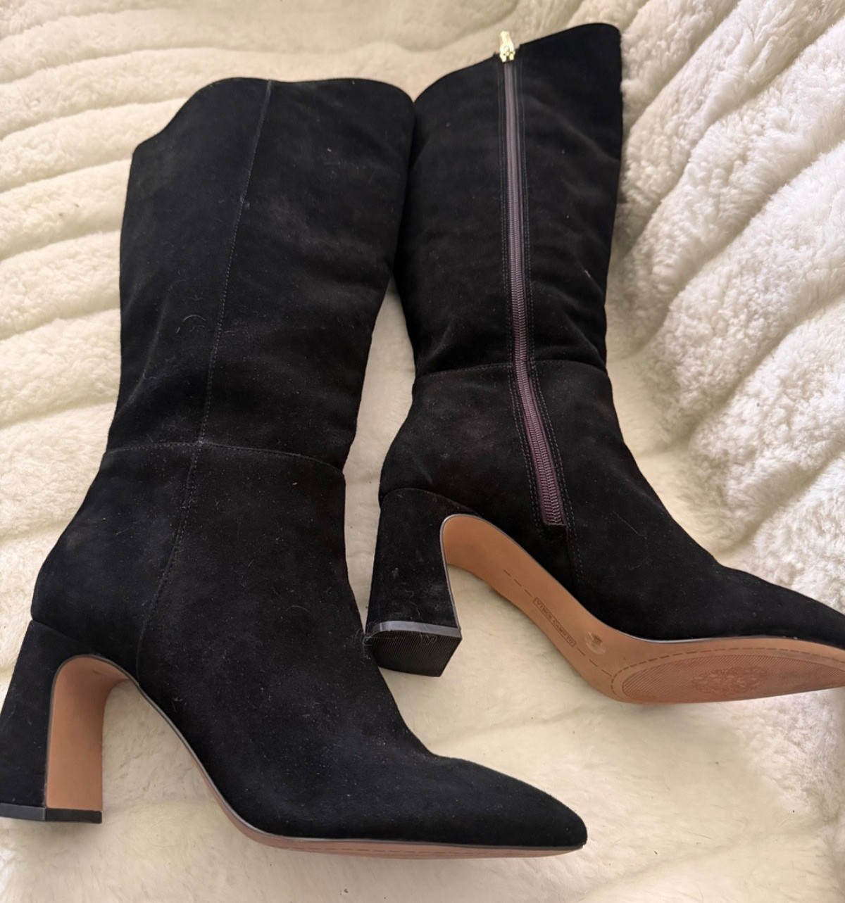 VINCE CAMUTO SIZE 9.5 Black Suede Covered Heel Side Zip Dress Boot Knee High