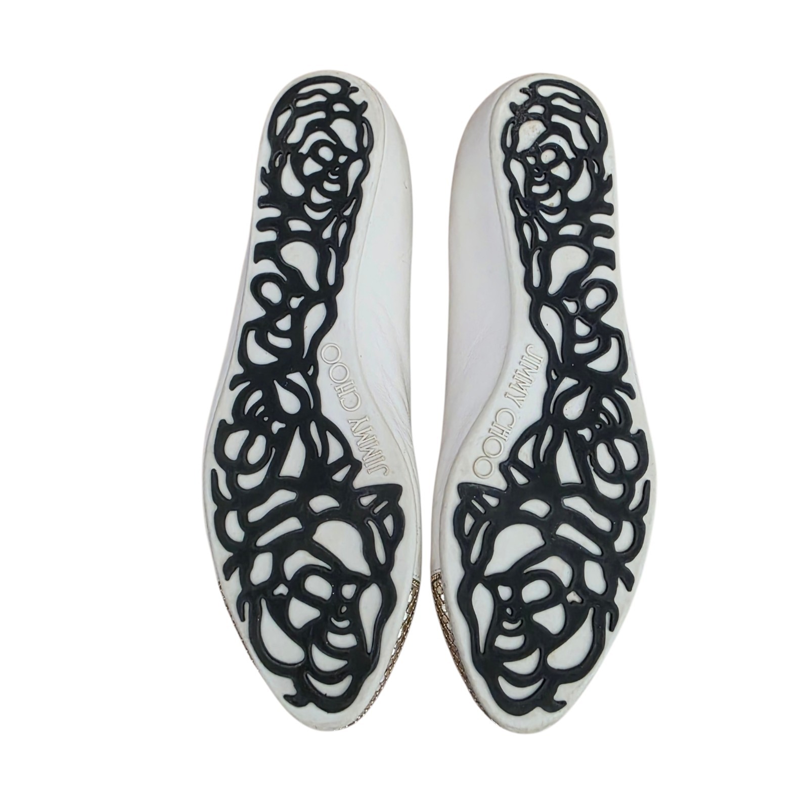 Jimmy Choo Waine White Leather Flats Gold Chain Mesh Toe Cap 38 8 JN