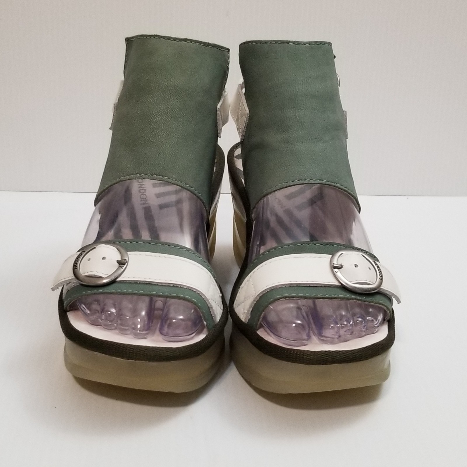 FLY London Leather Ankle Strap Transparent Wedges – Jeno – Green – EU 39 – US 8