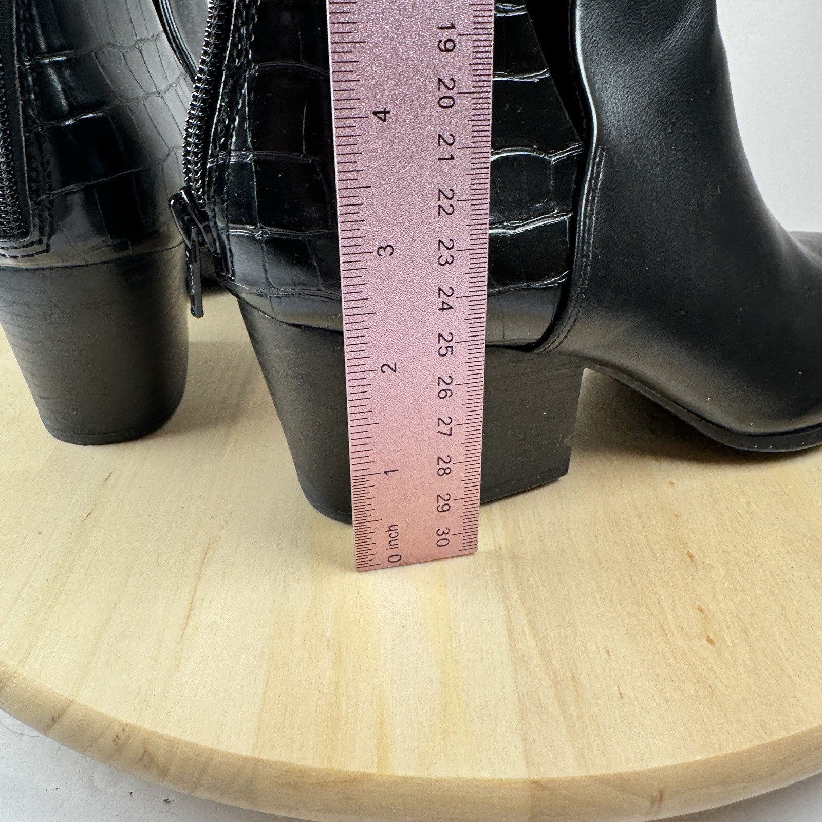 SO Black Faux Leather Croc Back Ankle Barb Boots Size 9 Block Heel Booties 2.5in