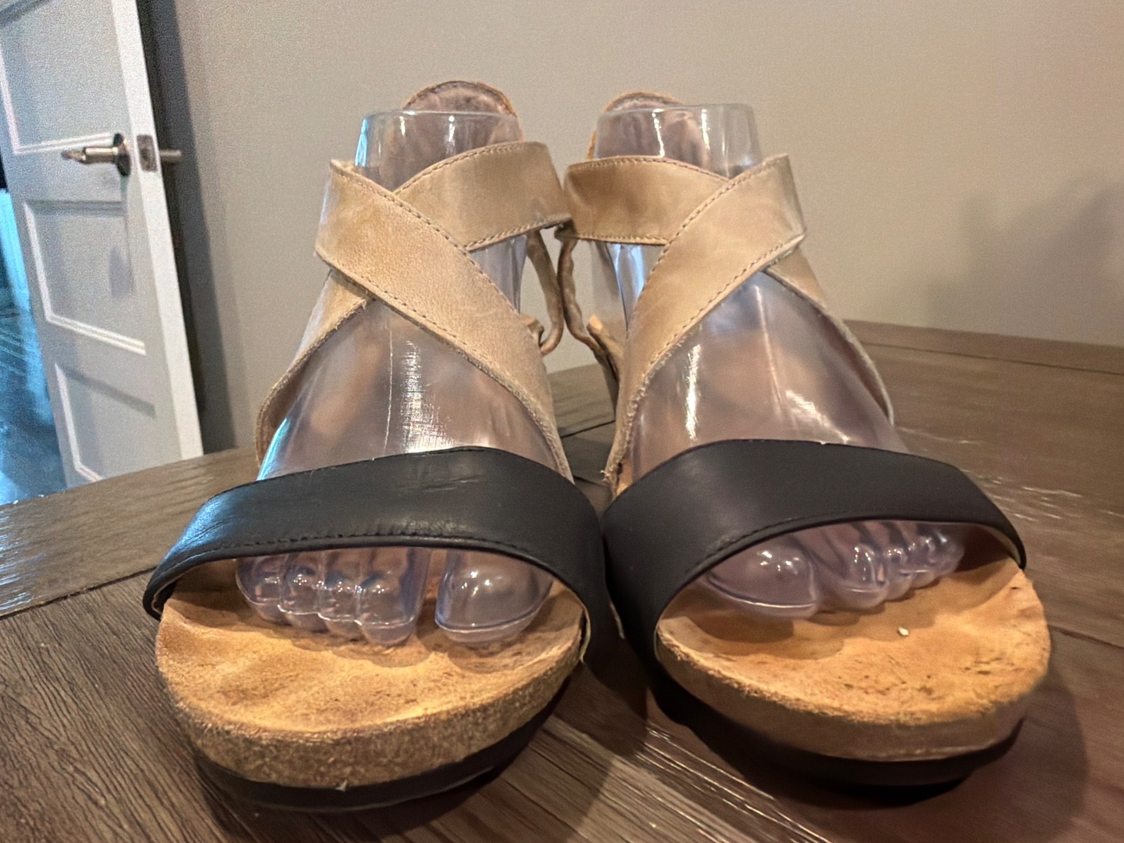 NAOT Vixen Black Tan Leather Slingback Adjustable Wedge Sandals EU 40 US 9-9.5