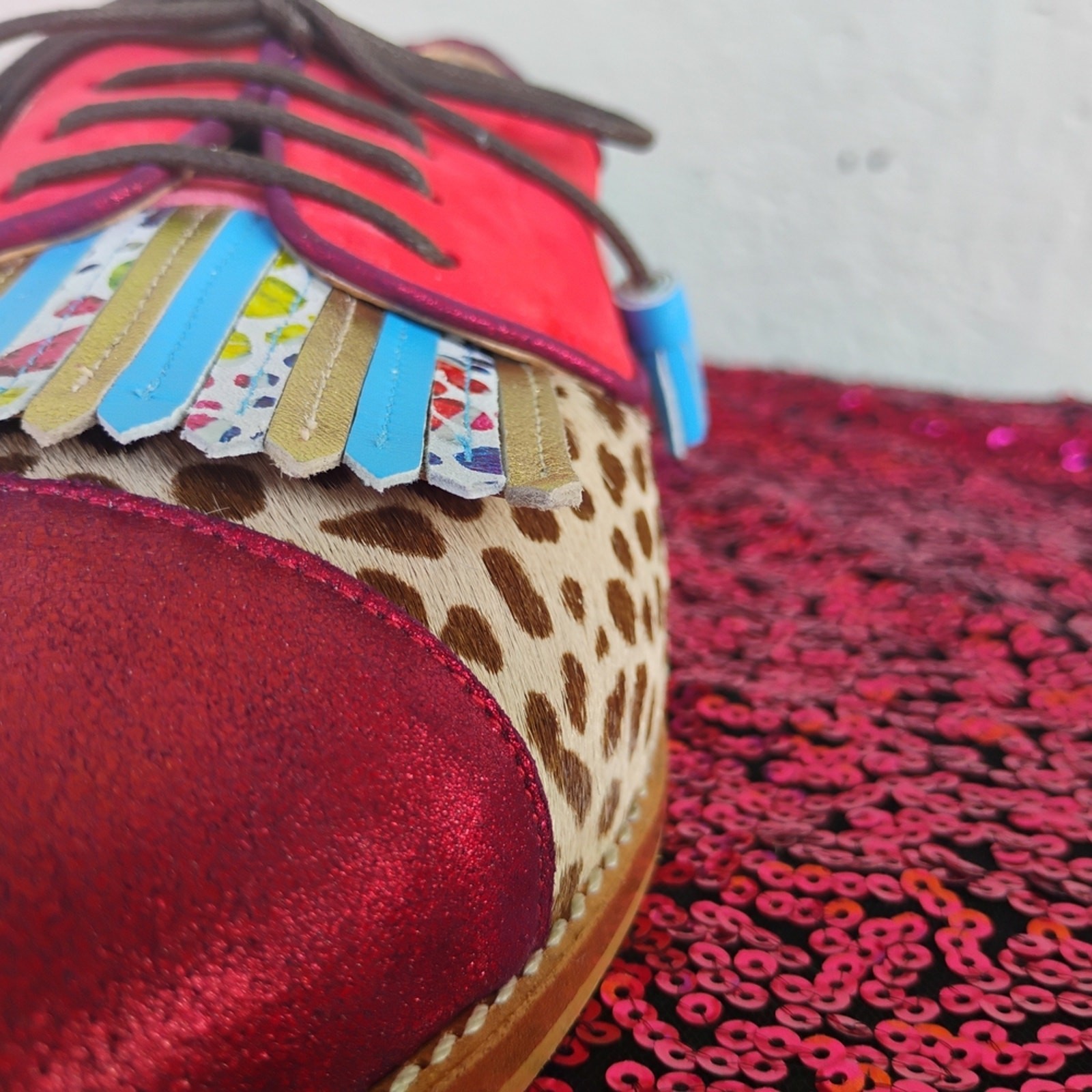 New Red Multicolor Leather & Suede Leopard Print Women Fringe Lace Up Oxford
