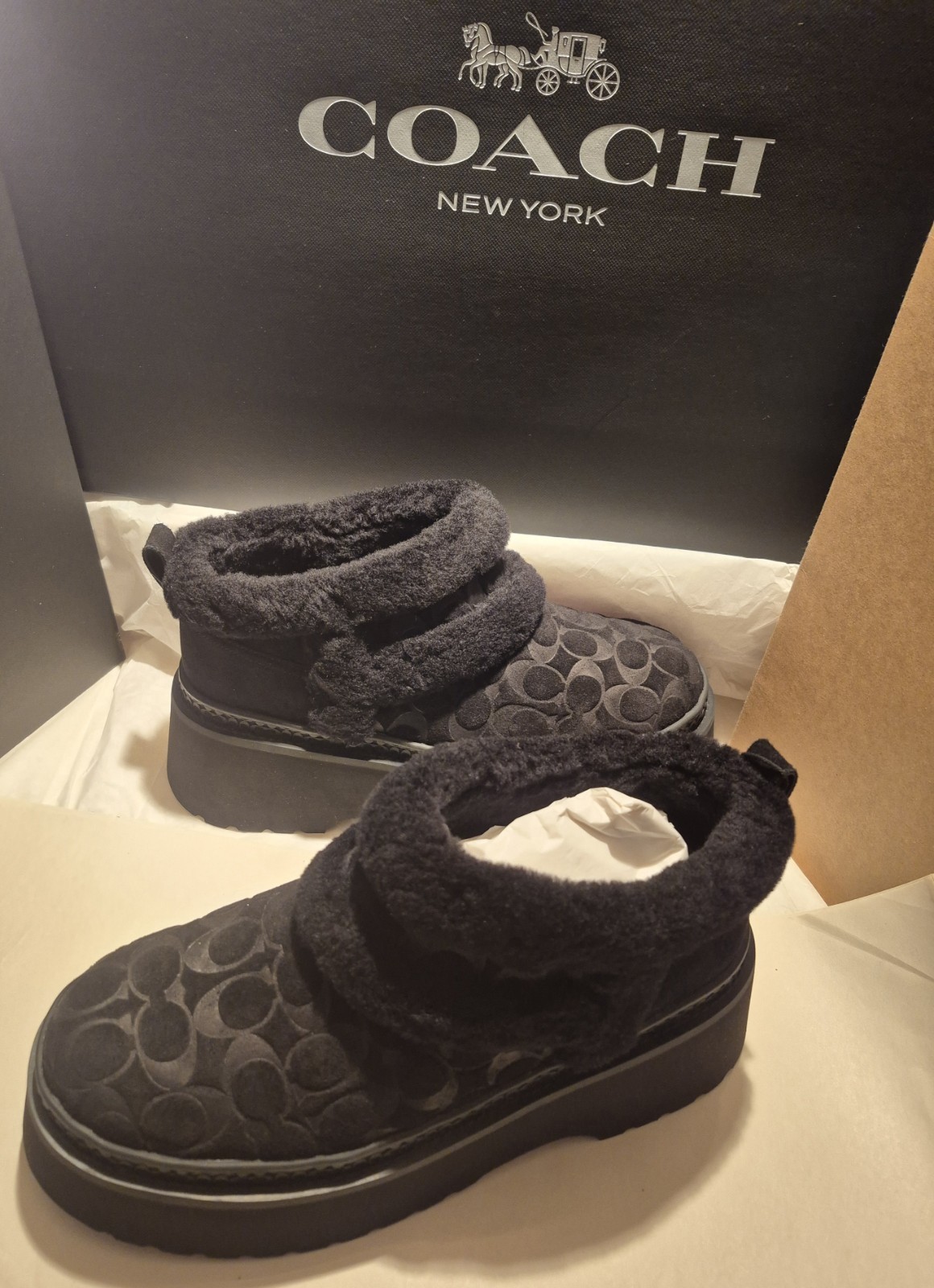 COACH CHRISTINA BOOTS SIGNATURE SHEARLING IN BLACK;SZ 9M;NIB;RET $165 SOLD OUT