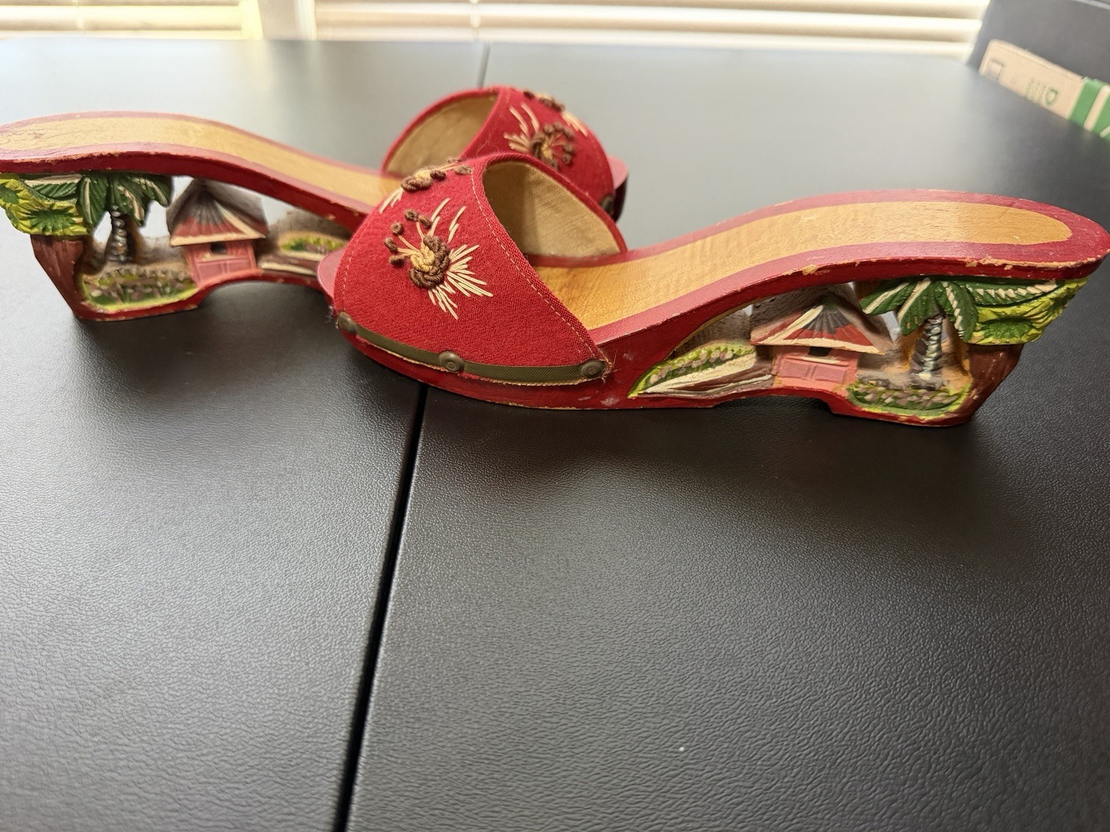 Vintage Hand Carved Wooden Clogs Red Felt Embroidered Souvenir Shoes Tropical