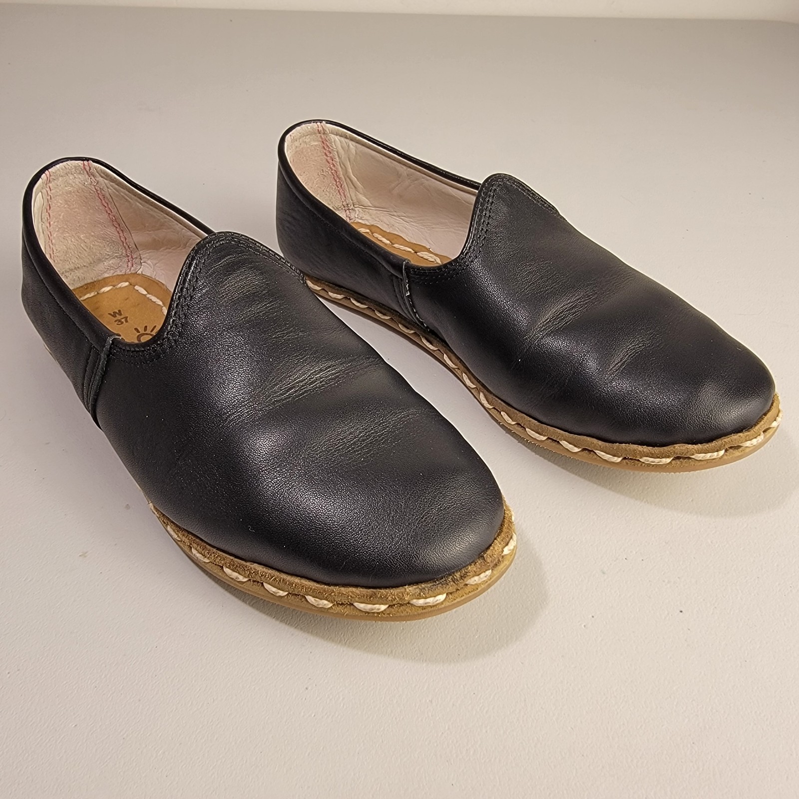 Sabah Women’s Slip On Shoes/Flats Glove Black Leather, Handmade, EU 37 US 6-6.5