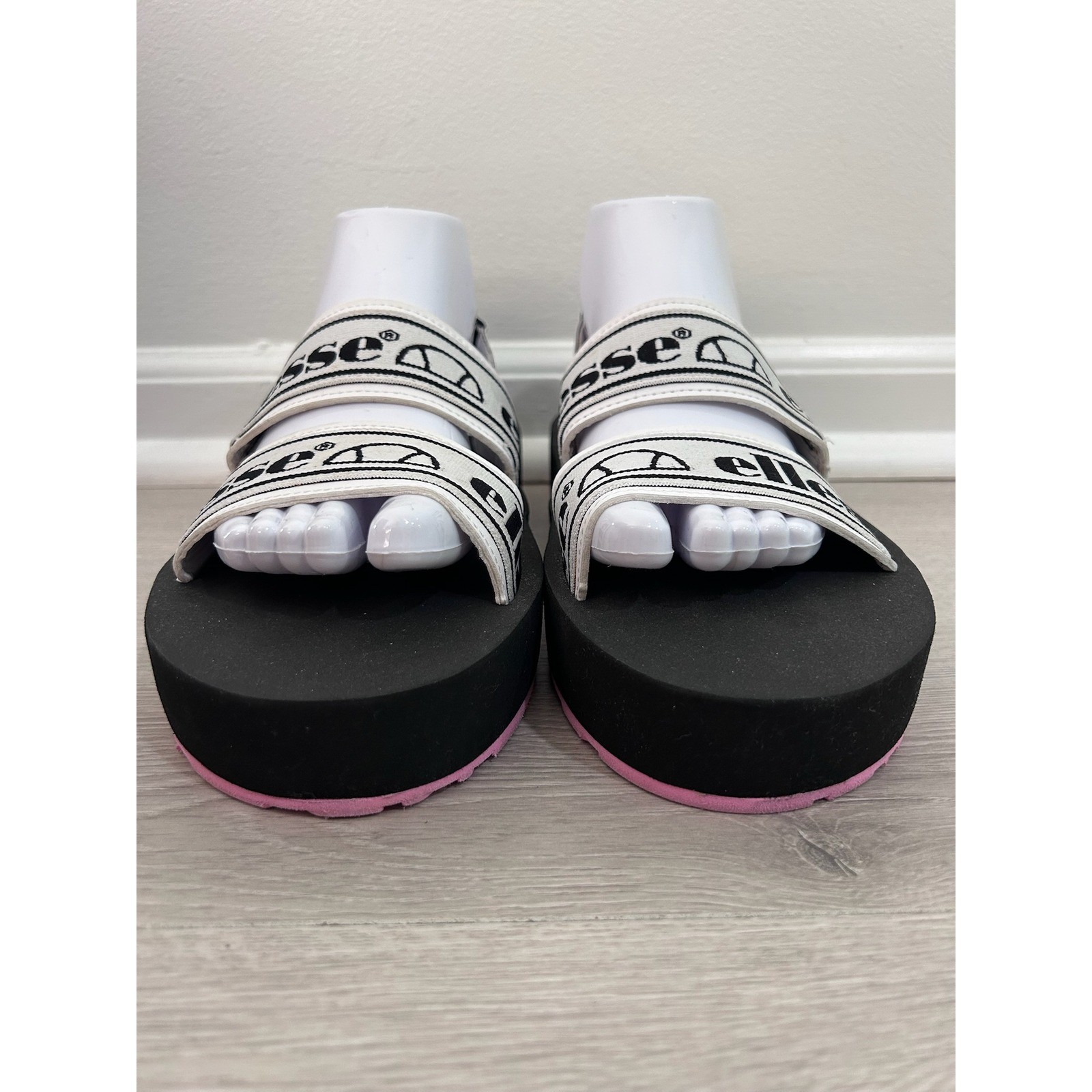 Ellesse Womens Platform Sandals Black White Pink Logo Strappy Sz 7 Retro 90s Y2K