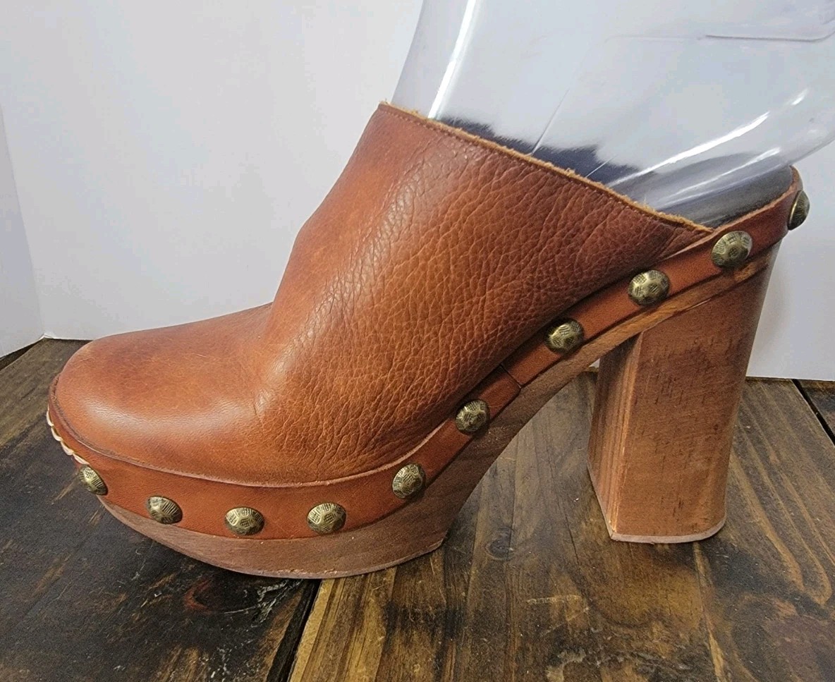 Free People Womens Boho Chunky Brown Leather Wood Clogs Size 36 Hippie Retro