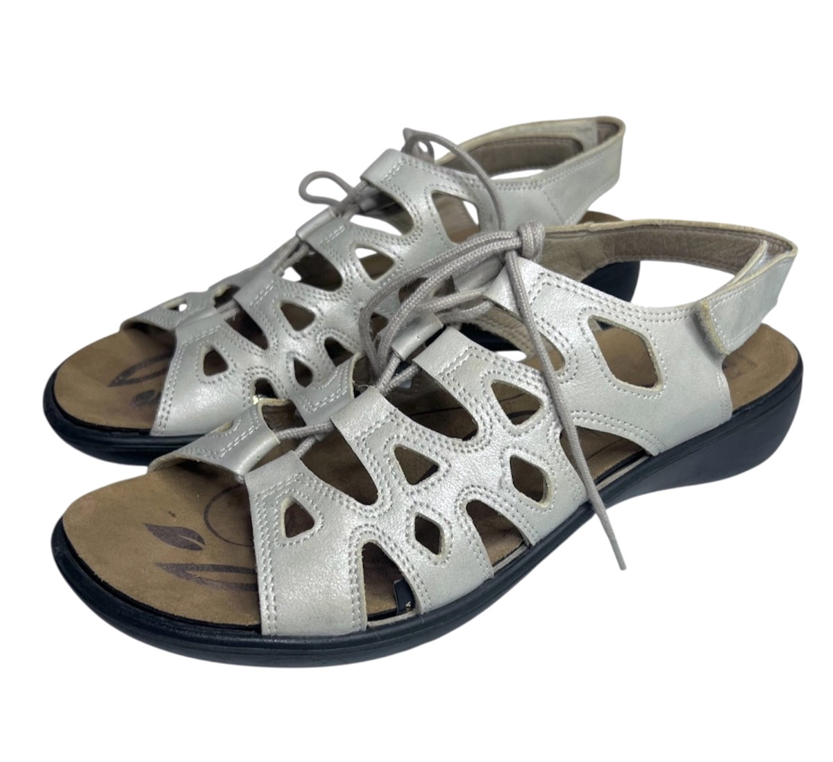 Romika Ibiza 77 Sandals Womens EU 41 US 10 Platinum Metallic Leather Lace Up