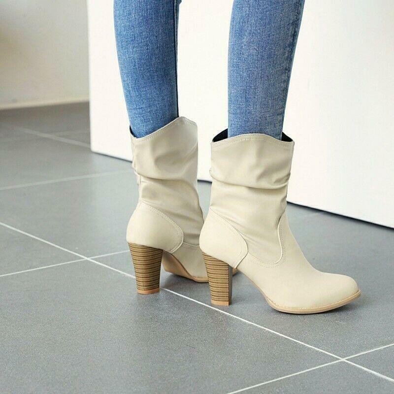 Women’s Office Work Casual Slouch Block Heel Round Toe Ankle Boots Outdoor Shoes