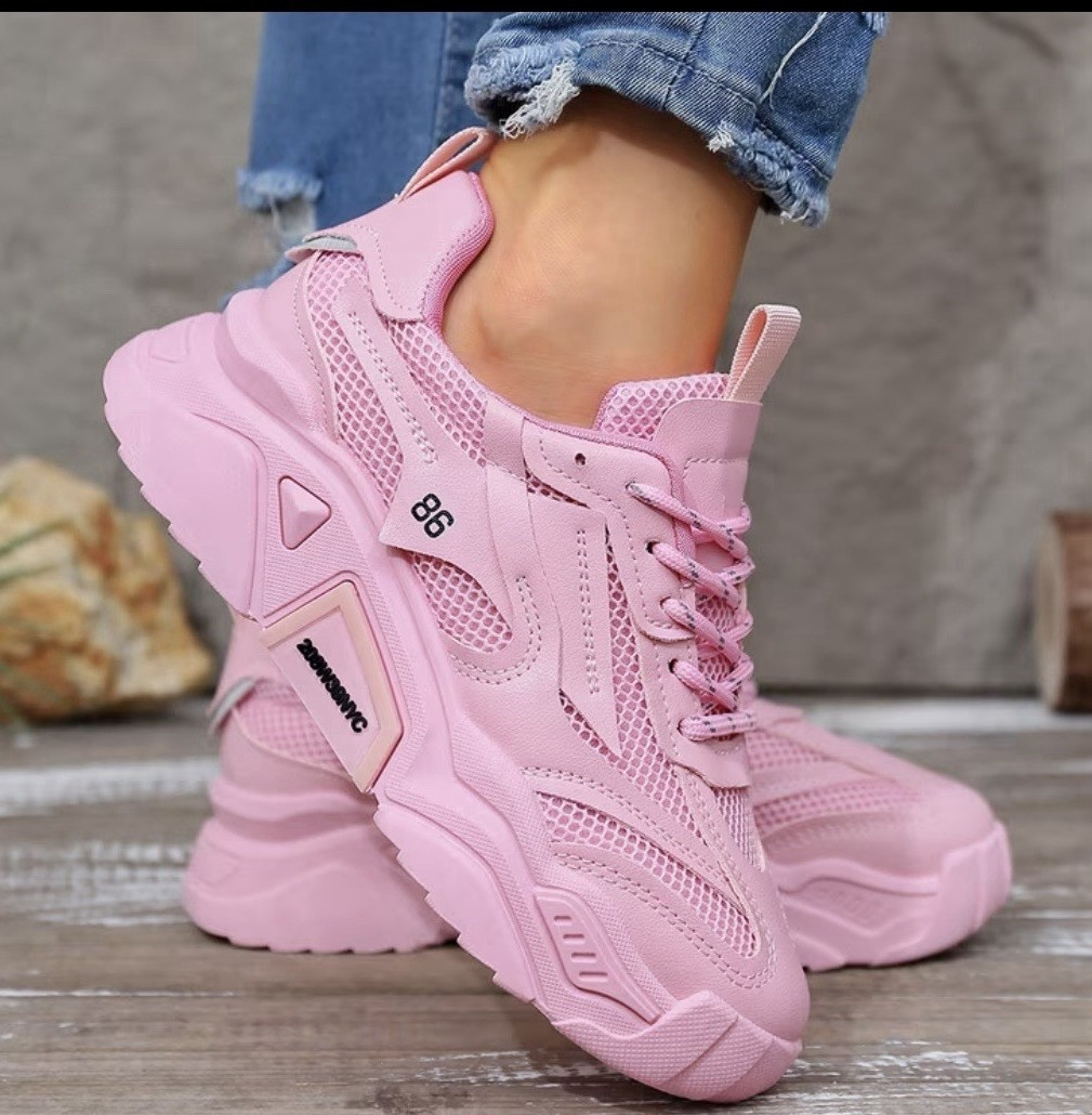 Women’s Pink Solid Mesh Low Top Athletic Sneakers Lace Up Casual Activewear