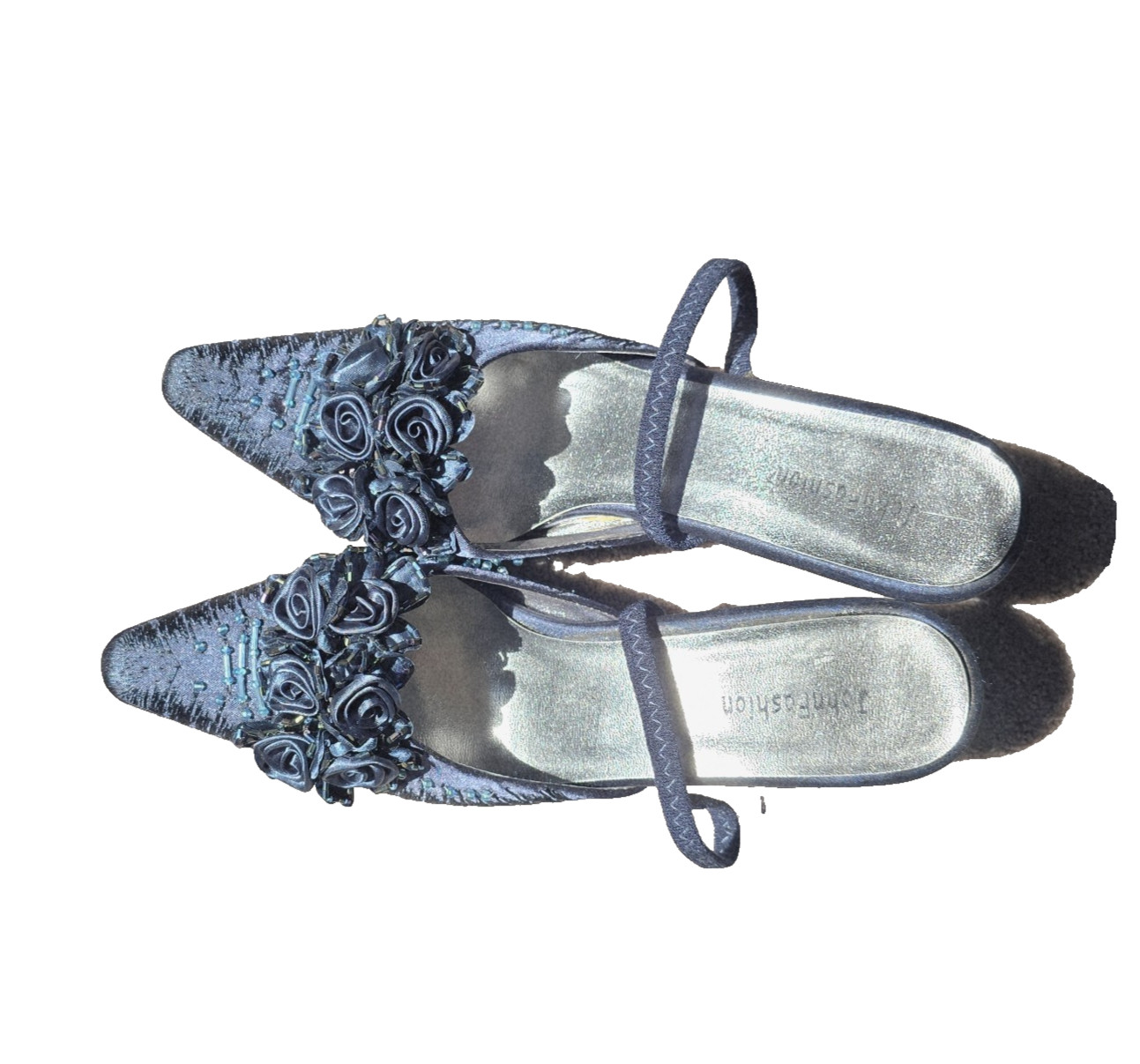 John Fashion A2009-C Teal Satin Slingback Stiletto Heels Size 8 Beaded Roses