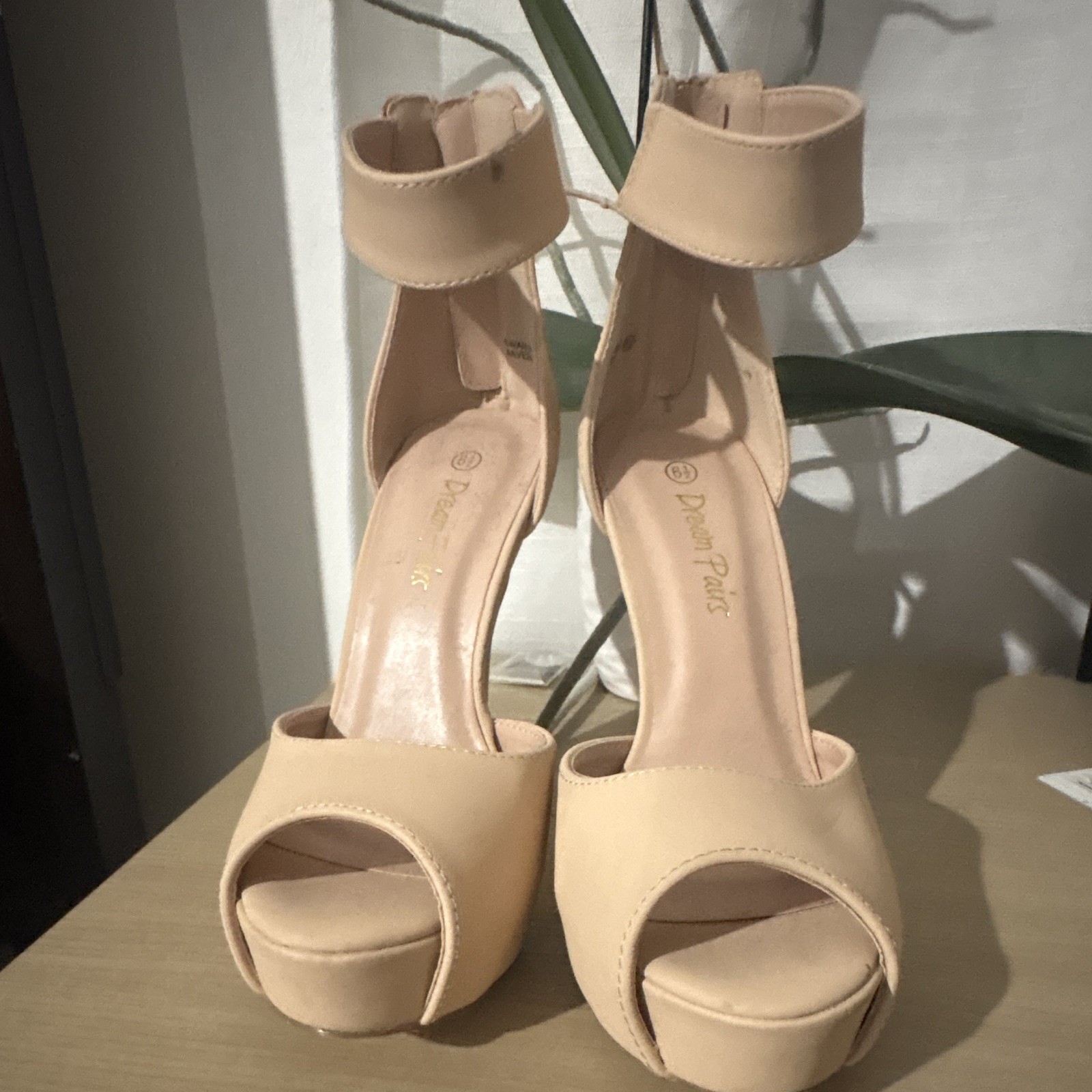Dream Pairs Women’s Beige Platform Stiletto Heels Ankle Strap Open Toe 6.5