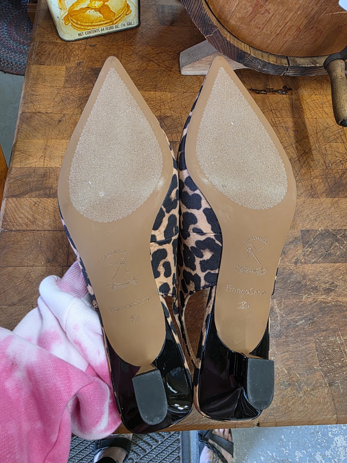 Franco Sarto leopard print slingback pumps Jaden pointed toe and kitten heel 8.5