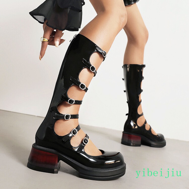 2025 Women’s Platform Low Cuban Heel Multi Buckles Knee High Mary Janes Shoes OL