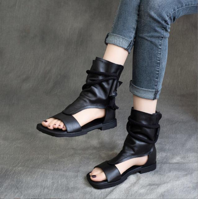 Women’s 100% Real Leather Retro Gladiator Soft Roman Sandals Ankle Boots Shoes