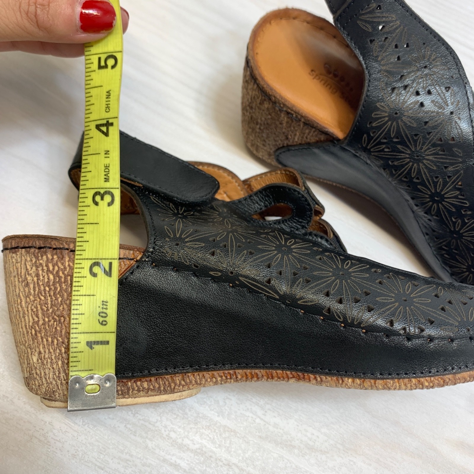 Spring Step Inocencia Wedge Sandal 6.5 EU 37 Black Leather Laser Cut Strappy
