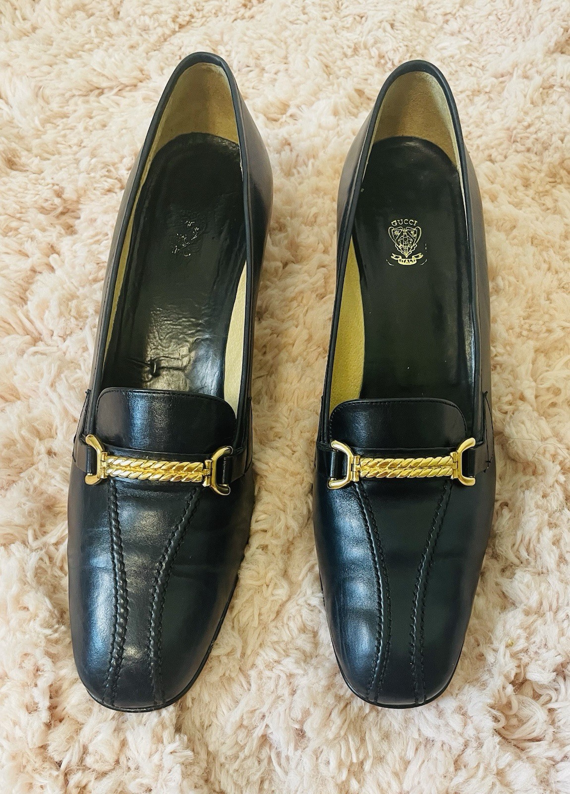 Gucci Black Leather Chain Accent Square Toe Block Heel Pumps Slip-On EU 41