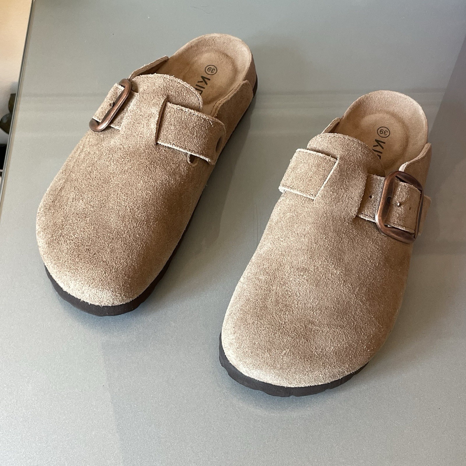 KIDMI Beige Suede Clog Mules Adjustable Buckle Comfort Sandals Women’s EU 39