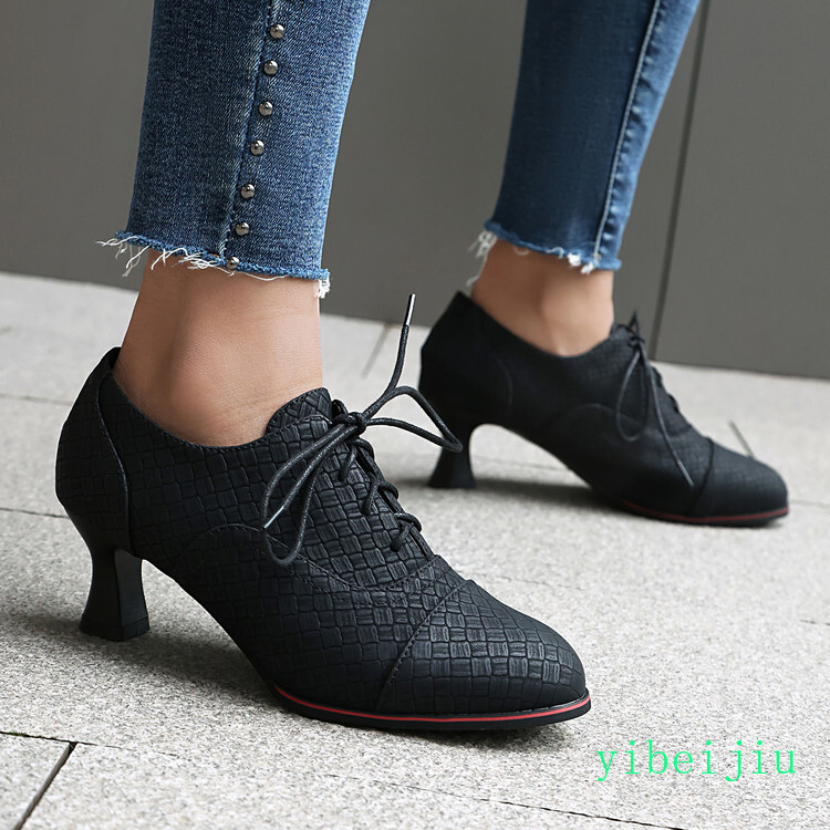 Women’s Crack Check Mid Kitten Heels Shoes Lace Up Pumps Office Daily Plus Size
