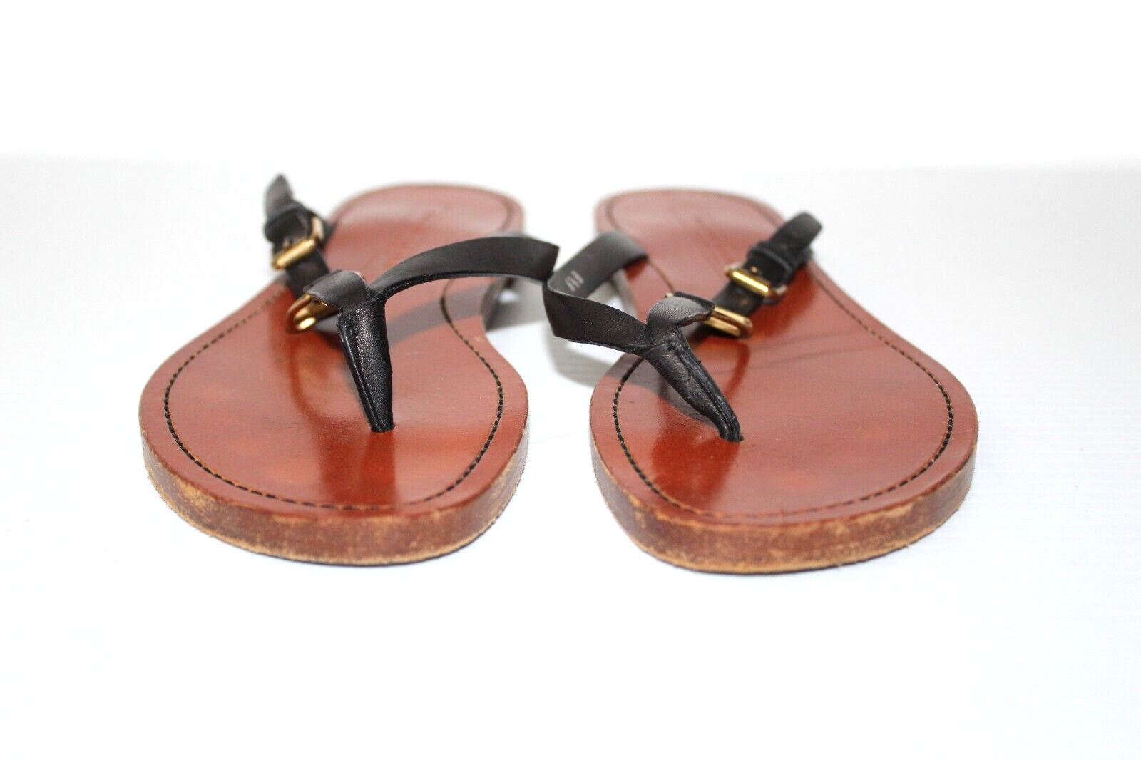 Ralph Lauren Collection Black Leather Thong Sandals Gold Stirrup Size 6.5B