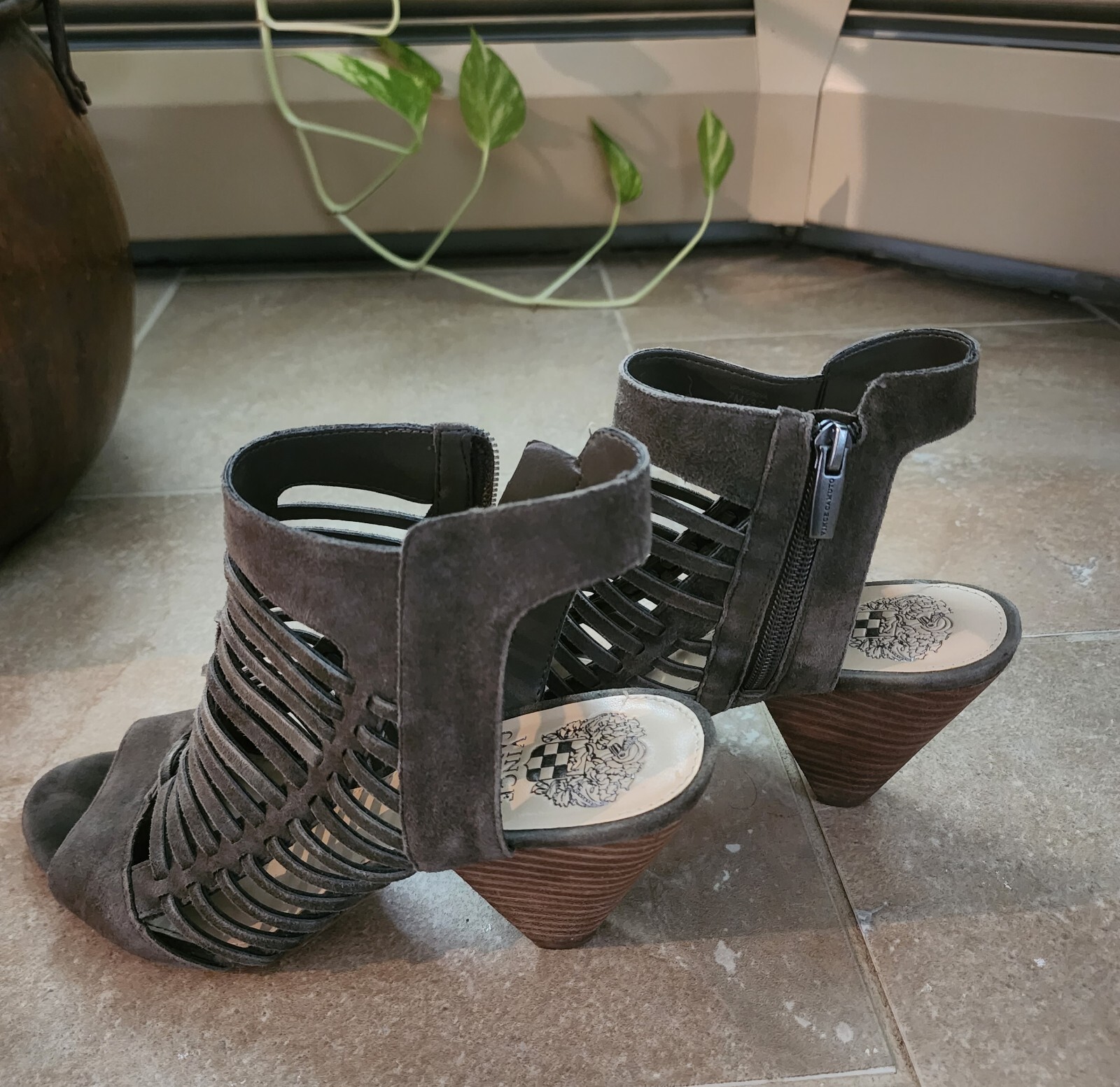 Vince Camuto Suede Heel Shoes With Wooden Heel.