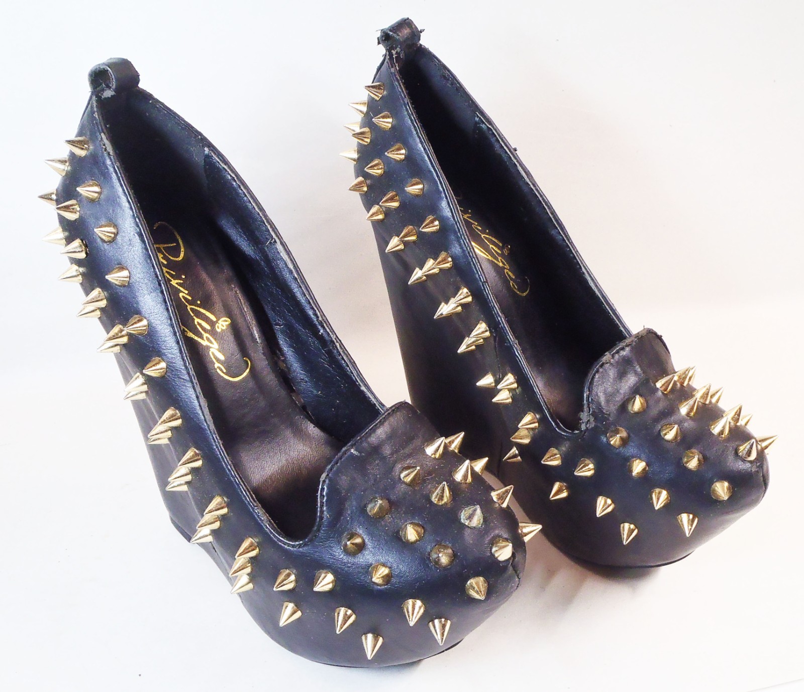 Privilege ’08 Gold Spikes 8″High Heel less 5″ Platform WOMEN Size 7? Black Shoes