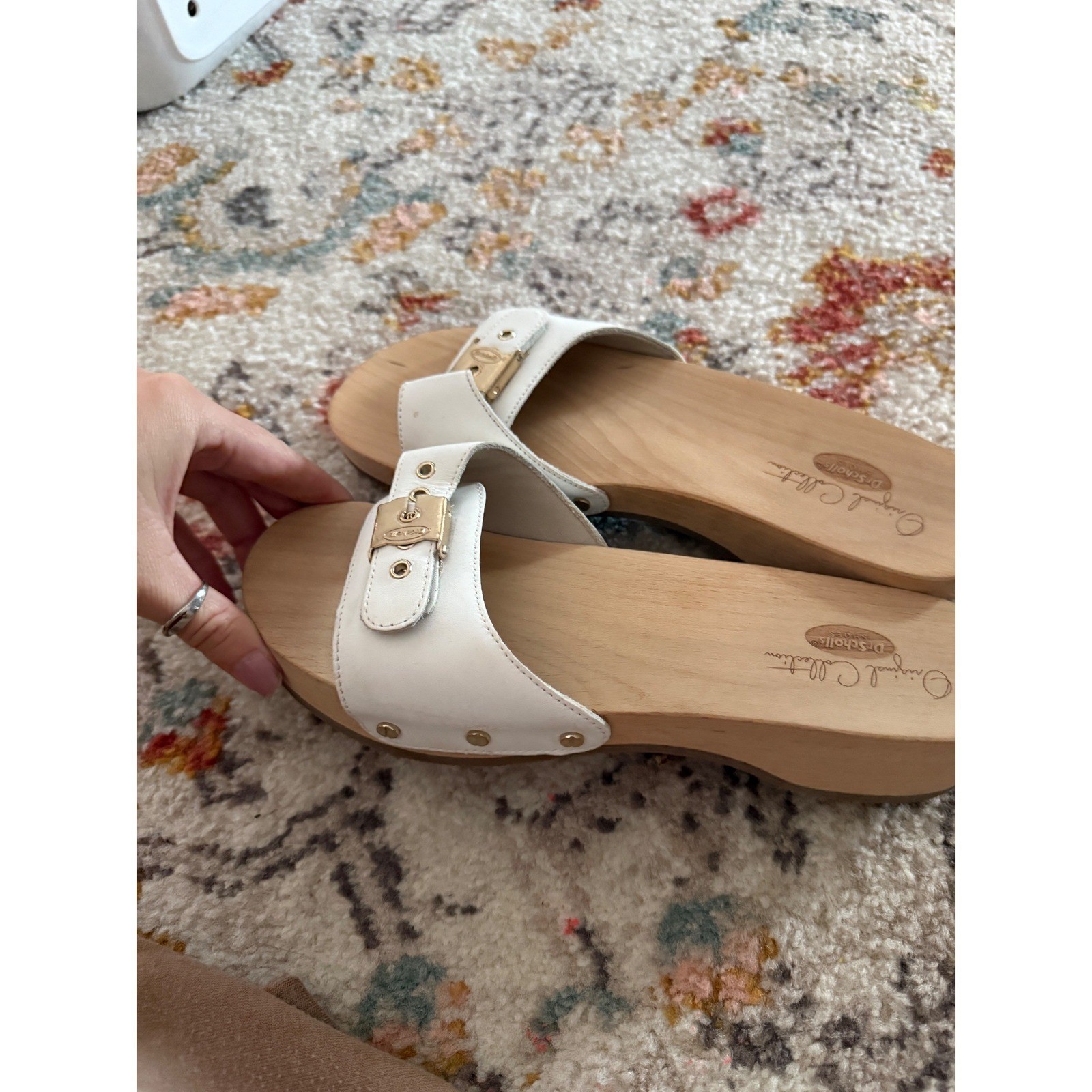 Dr. Scholls Original Collection White Leather Wood Sole Slide Sandals Size 9M