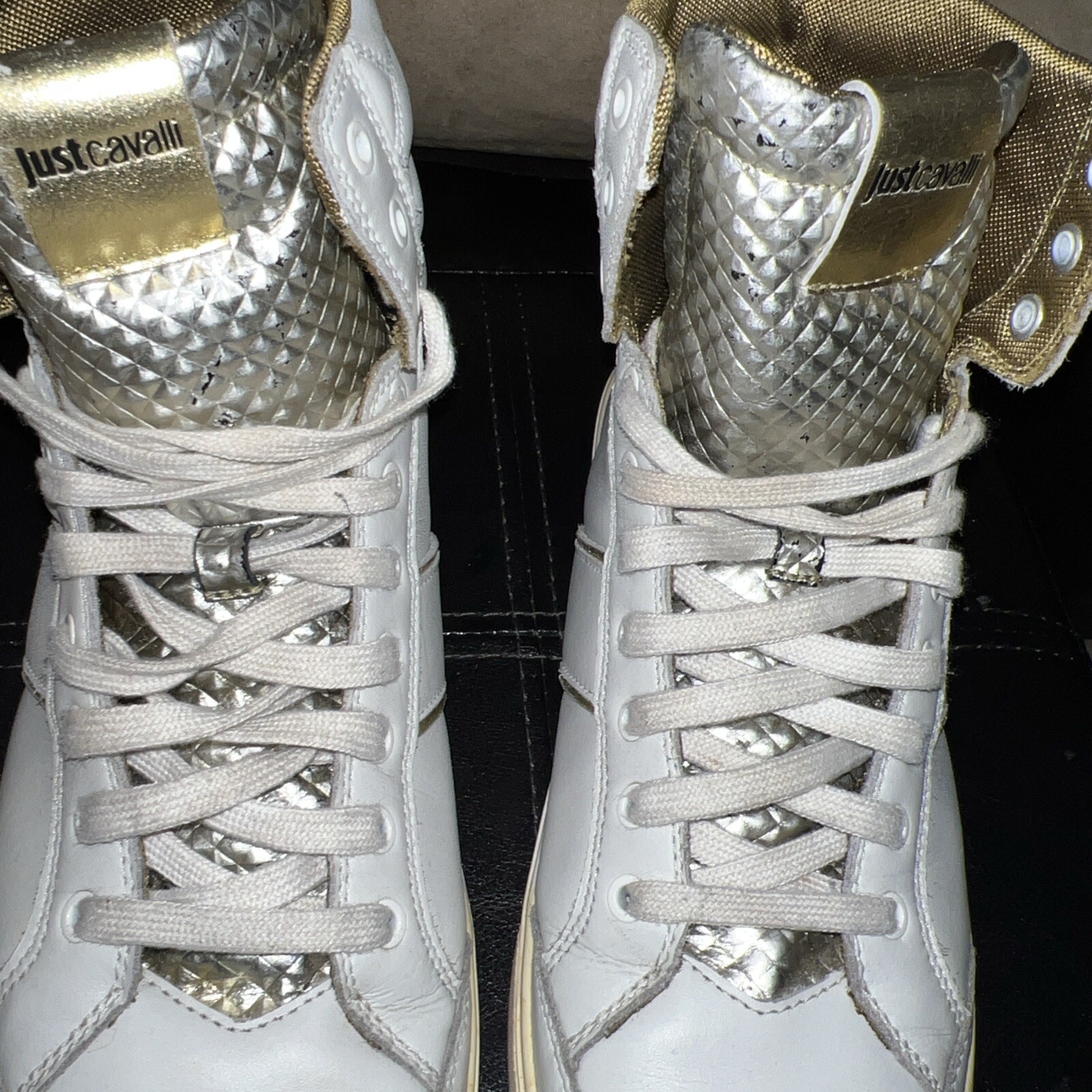 Womens Just Cavalli high top sneakers, size 8.5 US EU 41. Silver Color bit Off