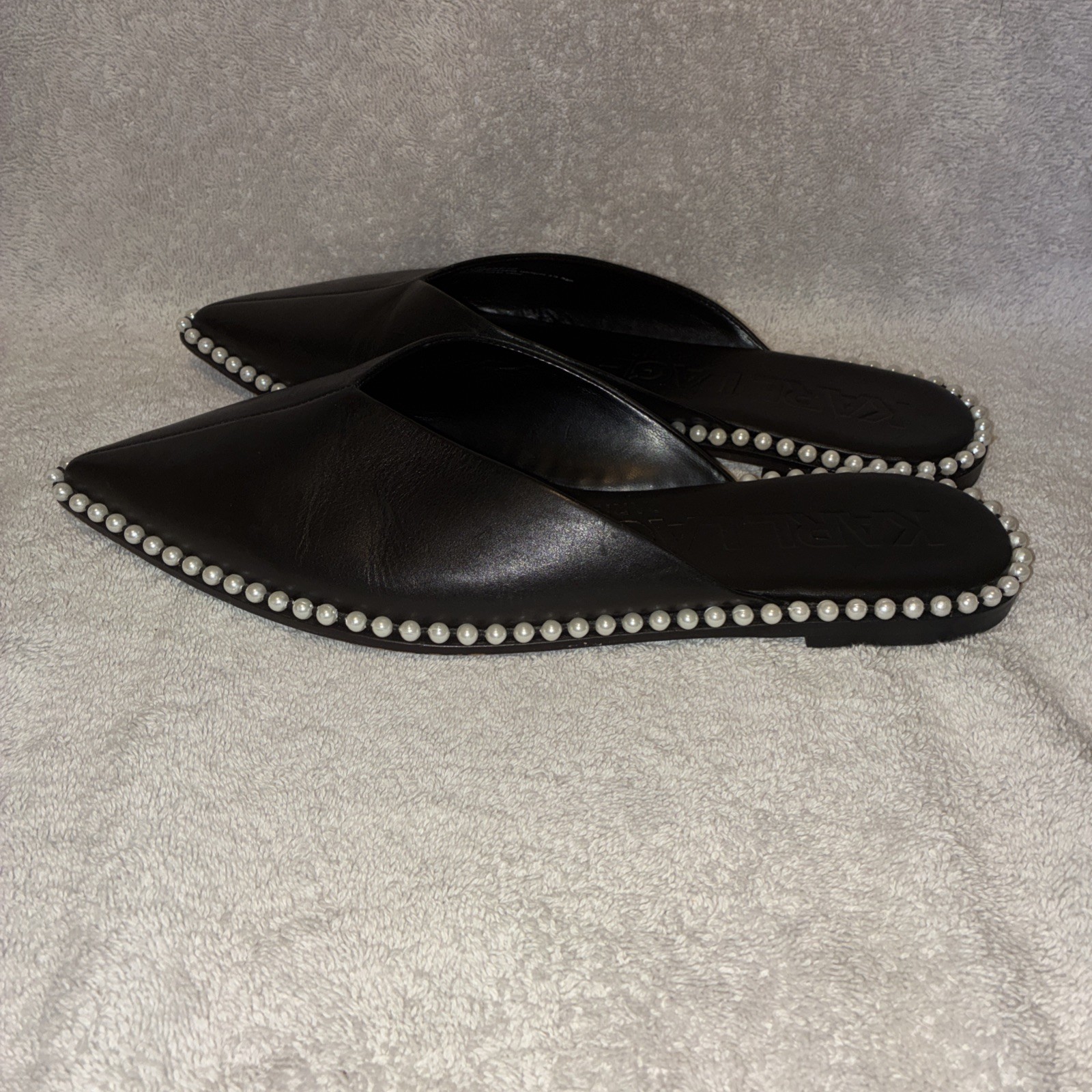 Karl Lagerfeld Paris Vyra Black Leather Faux Pearl Studded Mules Flats Sz 9.5M