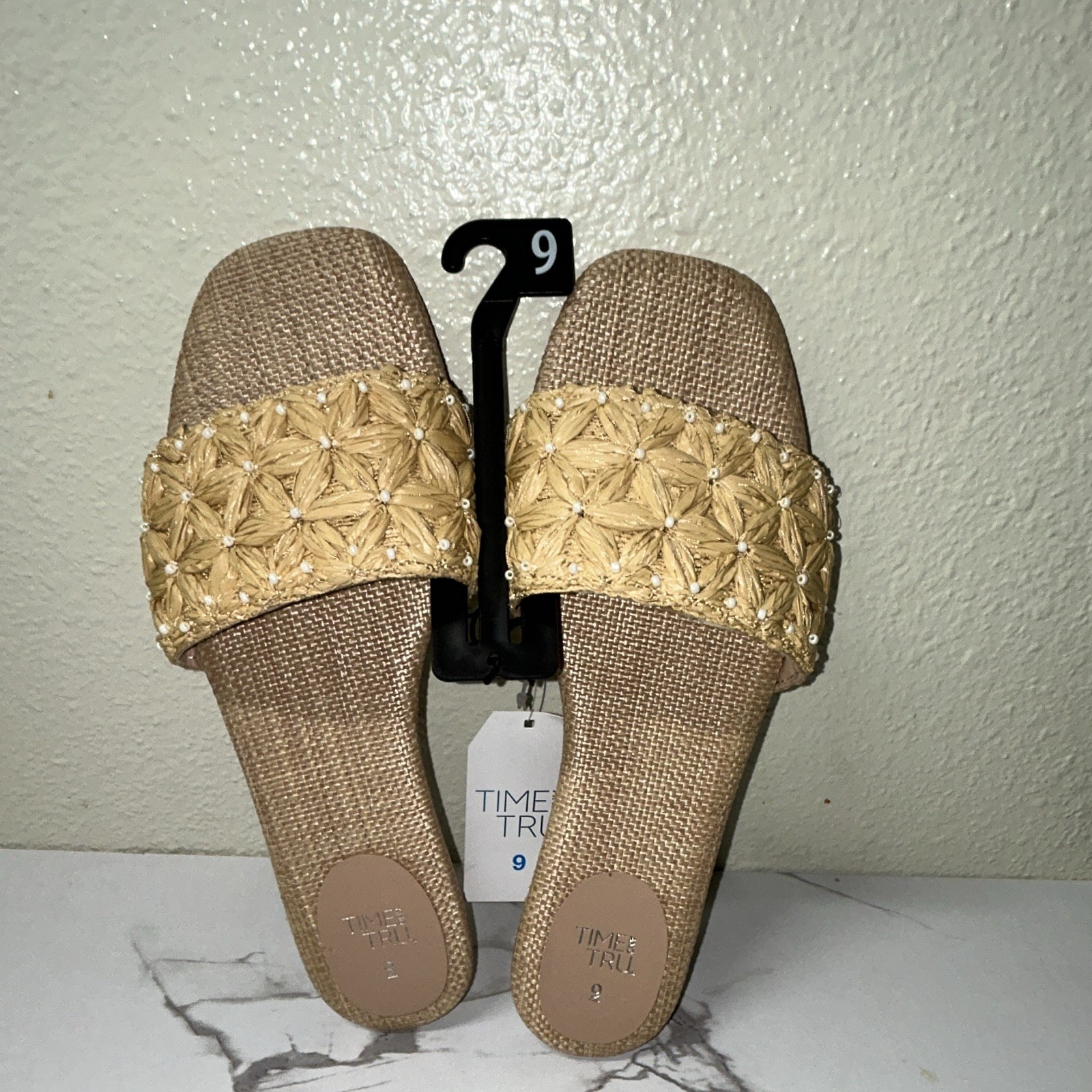 Time and Tru Beige Beaded Slide Sandals Womens Size 9 Synthetic Slip On