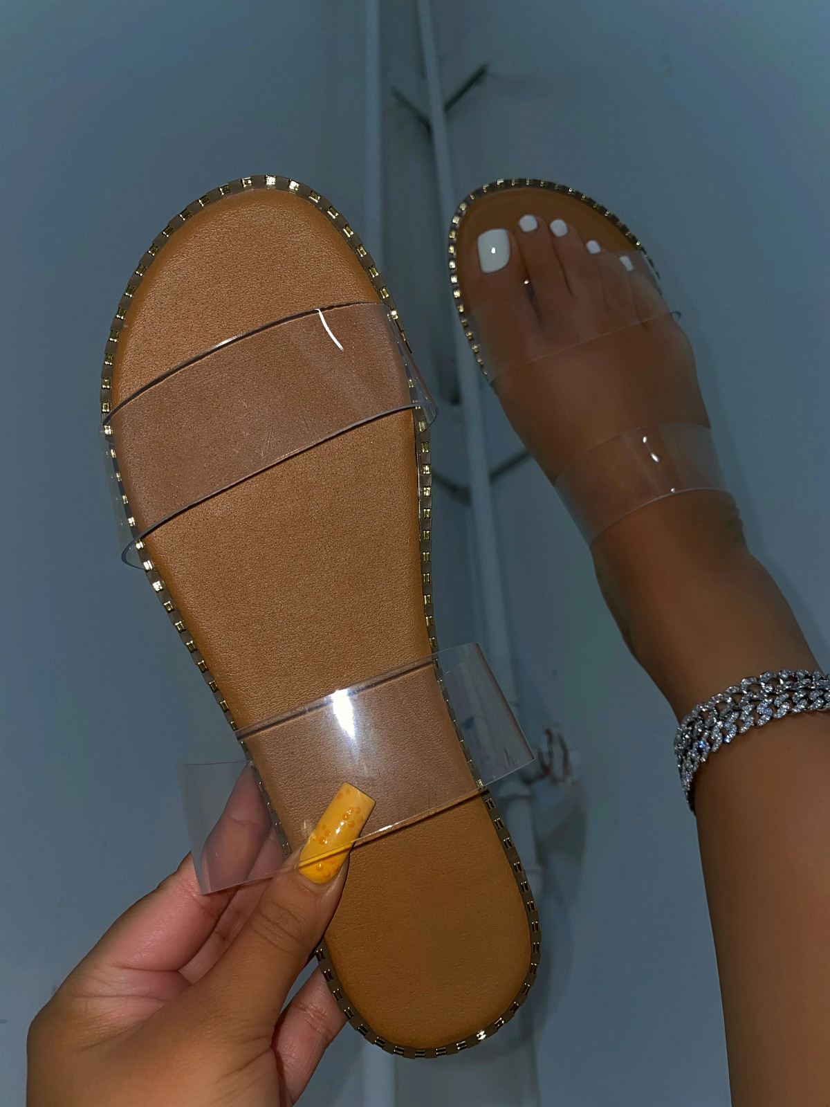 Womens Double Strap Sandals with Gold Details