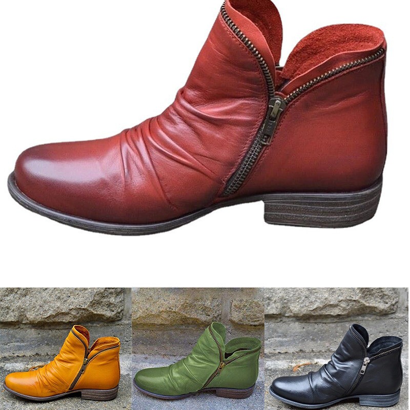 Women’s Casual Thick Heel Flates Round Toe Short Boots Set Zipper Casual Shoes