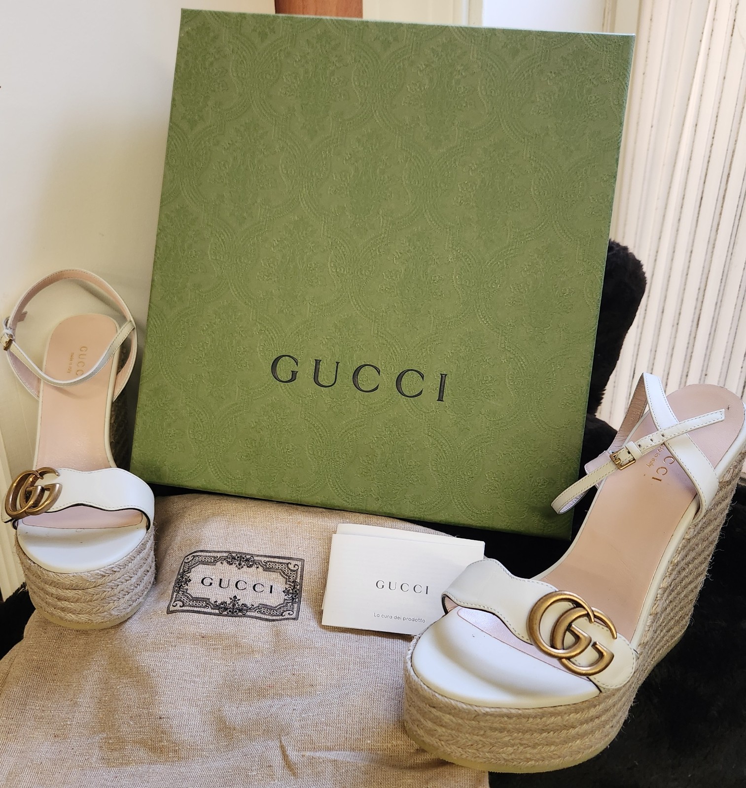 2017 Gucci GG Marmont Espadrille Wedge Mystic White W/Dust Bags + OG Box
