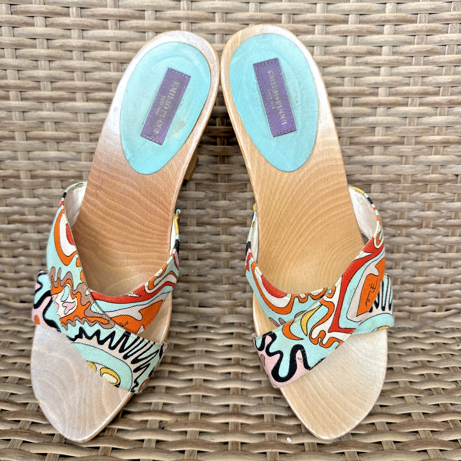 Emilio Pucci Wooden Wedge Sandals Multicolor Abstract Pattern Size 38 ITALY