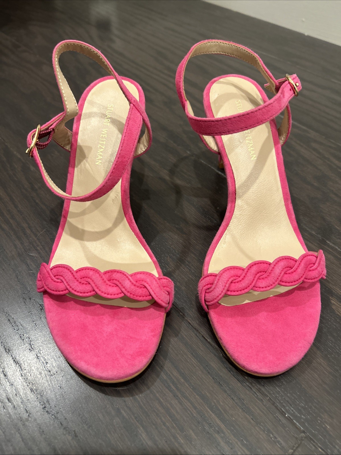 Stuart Weitzman Dancer Twistie SANDALS Heels Size 5 Peonia Pink Suede NEW $450