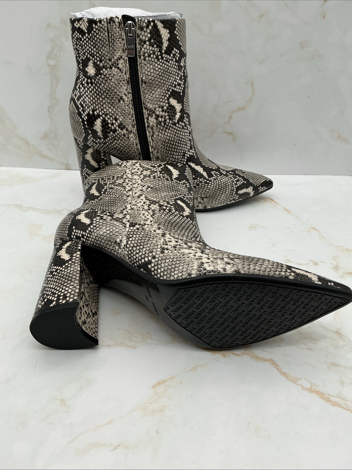 Marc Fisher Women’s Greneda Block Heel Dress Ankle Booties Black Beige Snake 6M