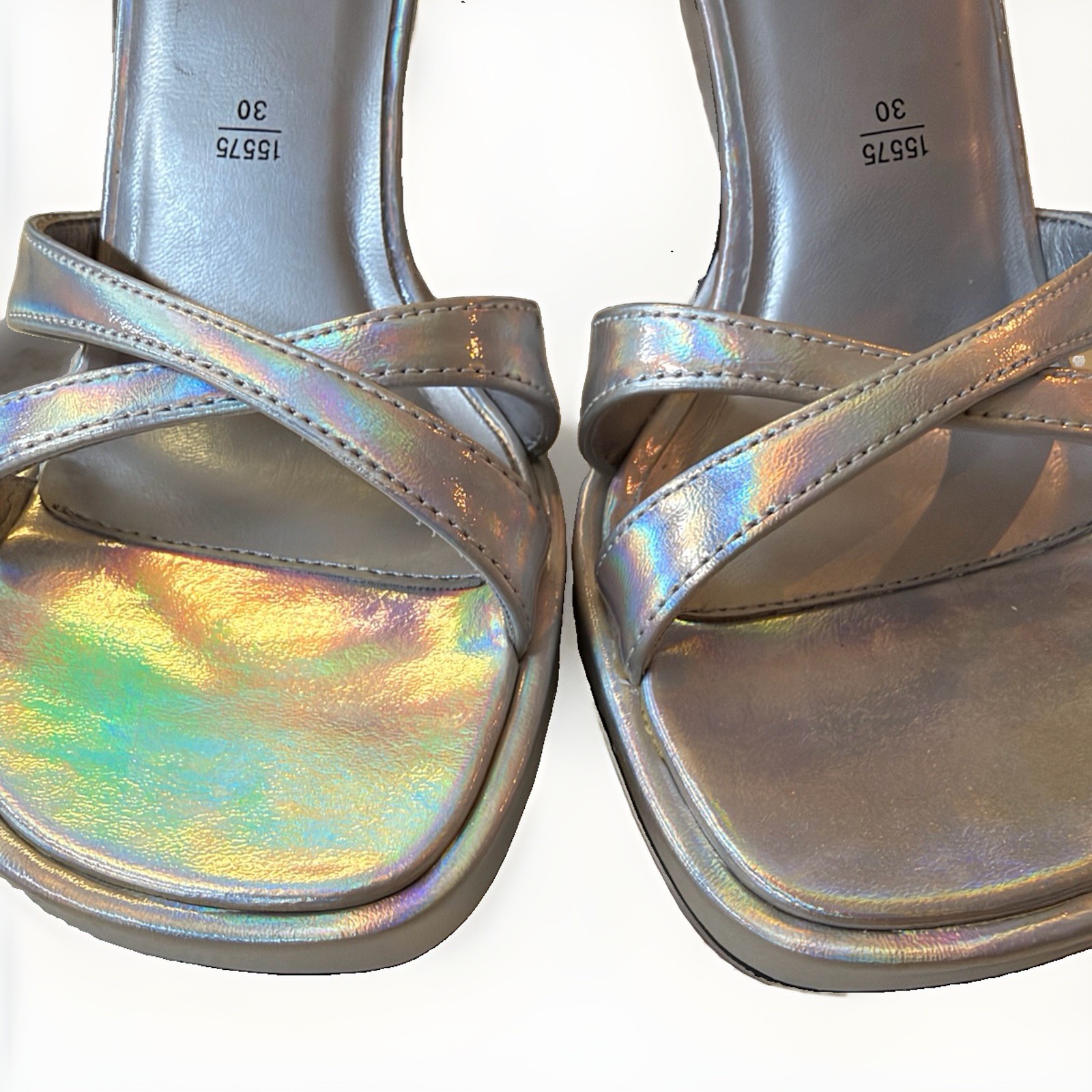 Womens Silver Holographic Platform Block Heel Ankle Strap Square Toe Sandals