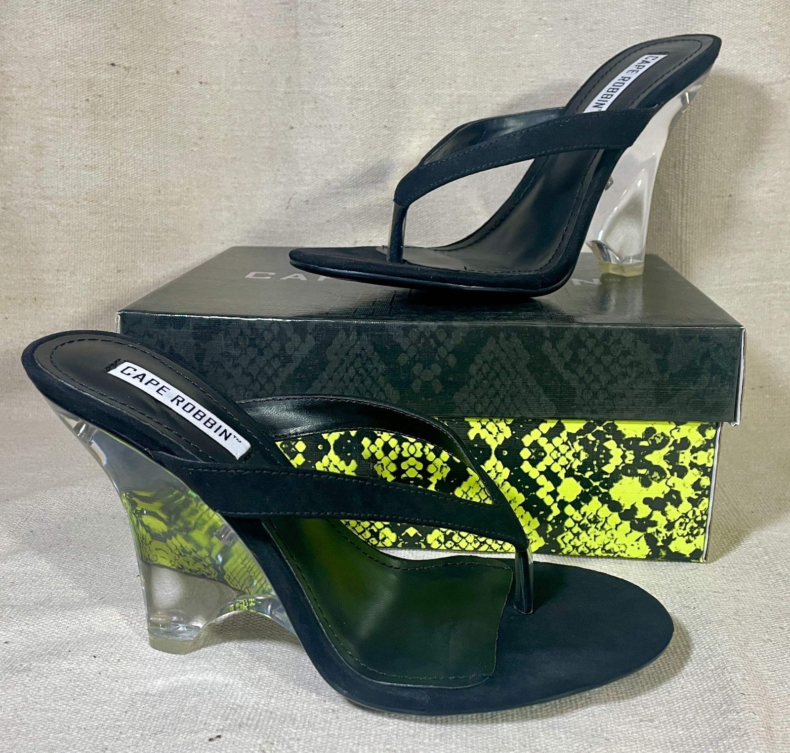 NIB CAPE ROBBIN Spectacular Clear WEDGE 3.75″ Heel BLACK 5.5 6 6.5 7.5 8 8.5 9