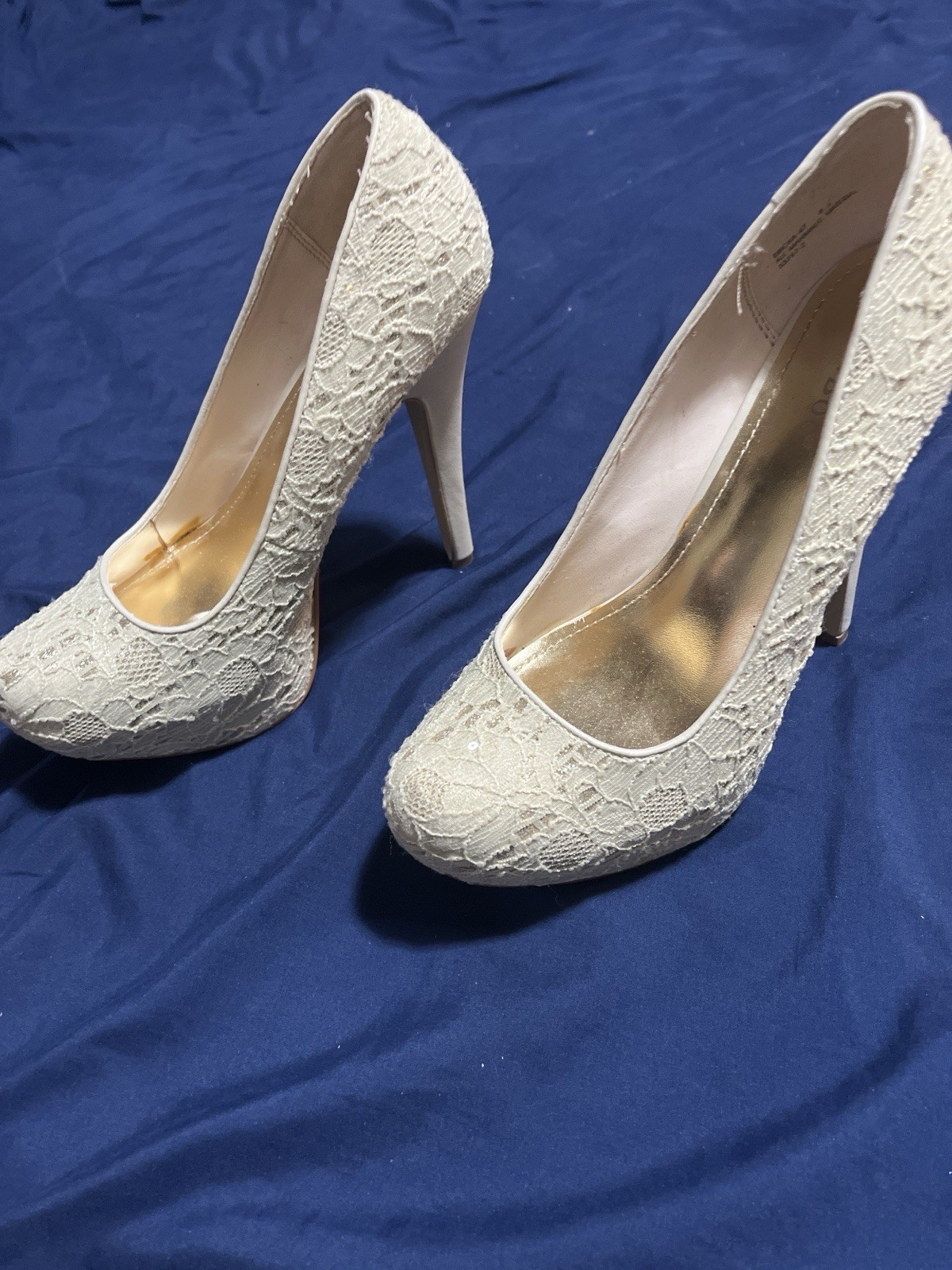 Bamboo Lace Platform Heels Cream Off White Stiletto Pumps Womens 8.5 Bridal Prom