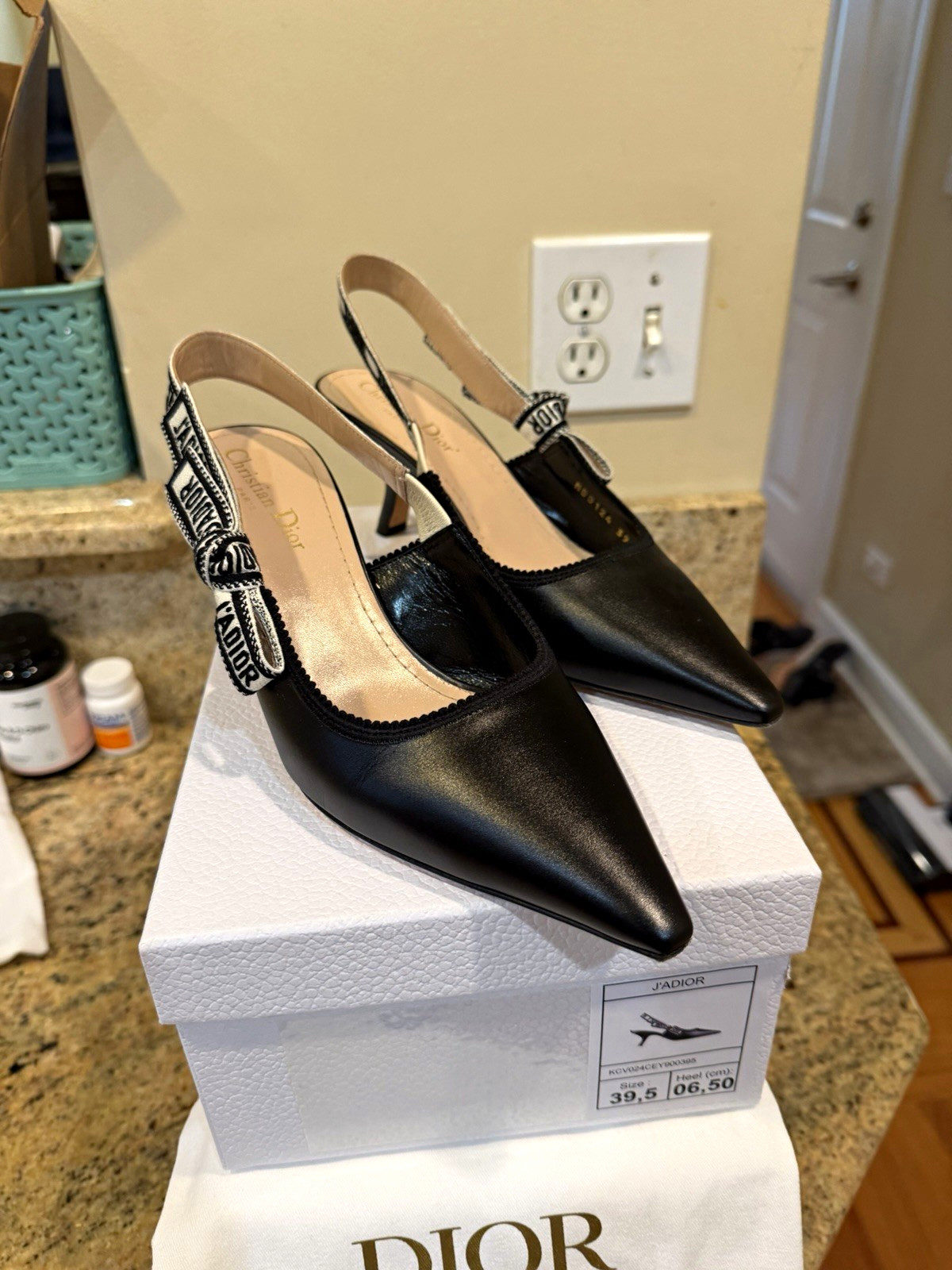 Dior Black Leather Pointed Toe Slingback Kitten Heels Logo Straps EU 39.5