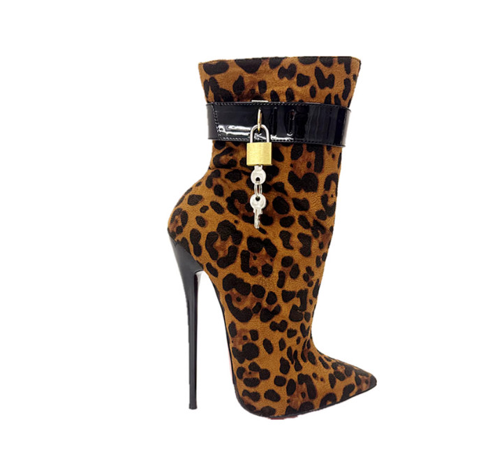 Womens Lock 16cm High Stiletto Heels Sexy Pointed Toe Metal Ankle Boots Shoes