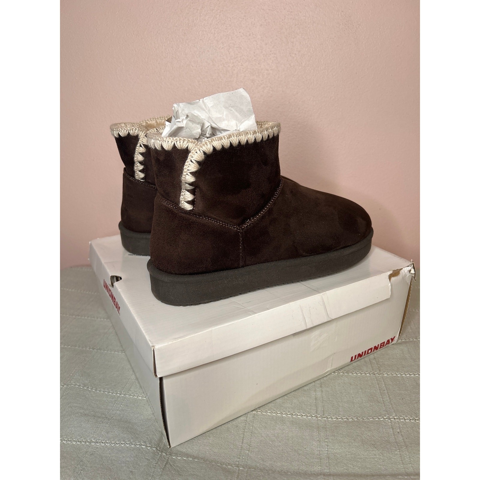 Unionbay Lisette Women’s Dark Brown Faux Suede Faux Fur Lined Ankle Boot Sz 11 M
