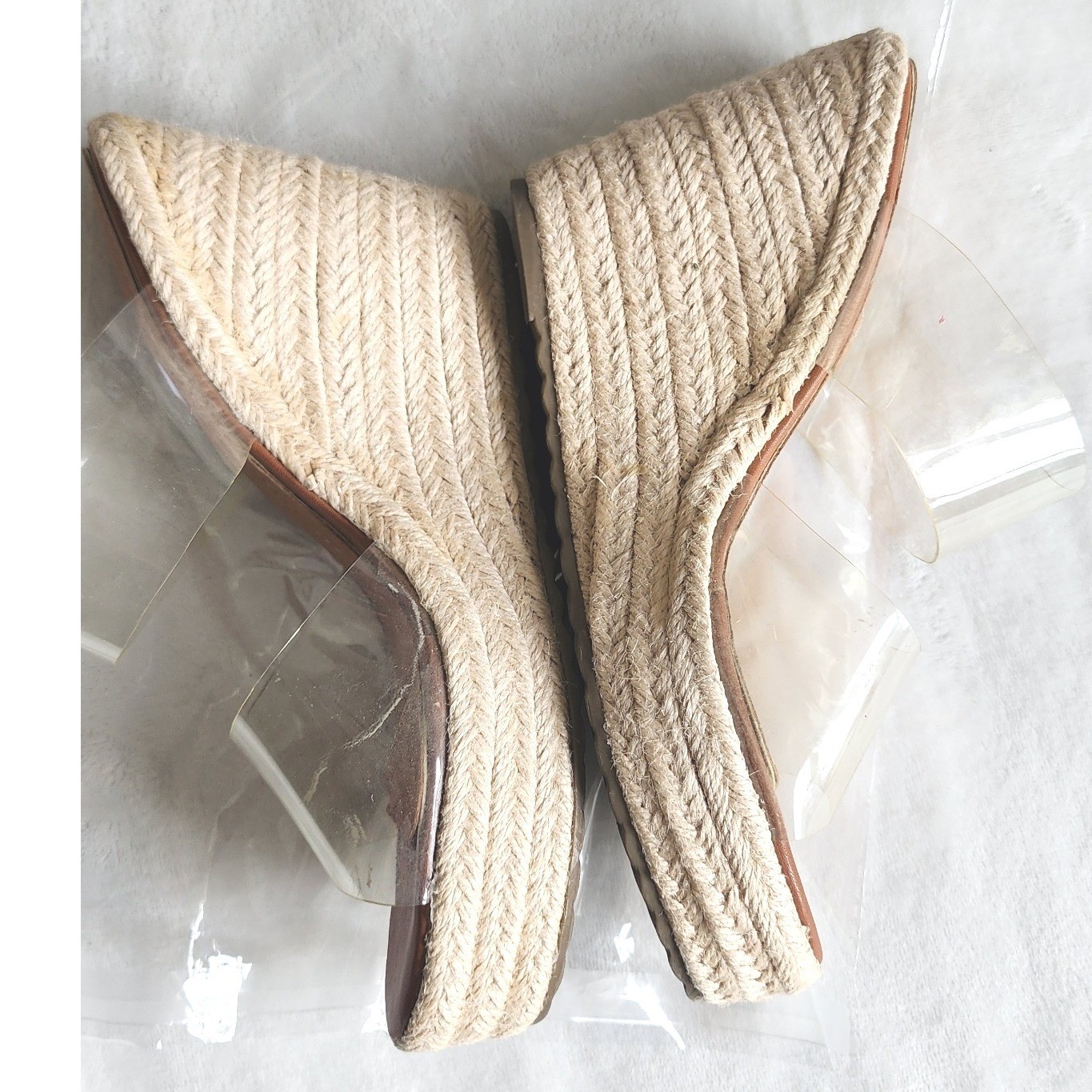 Clear Double Strap Espadrille Wedge Sandals Brown Jute Platform Slides Women 7.5
