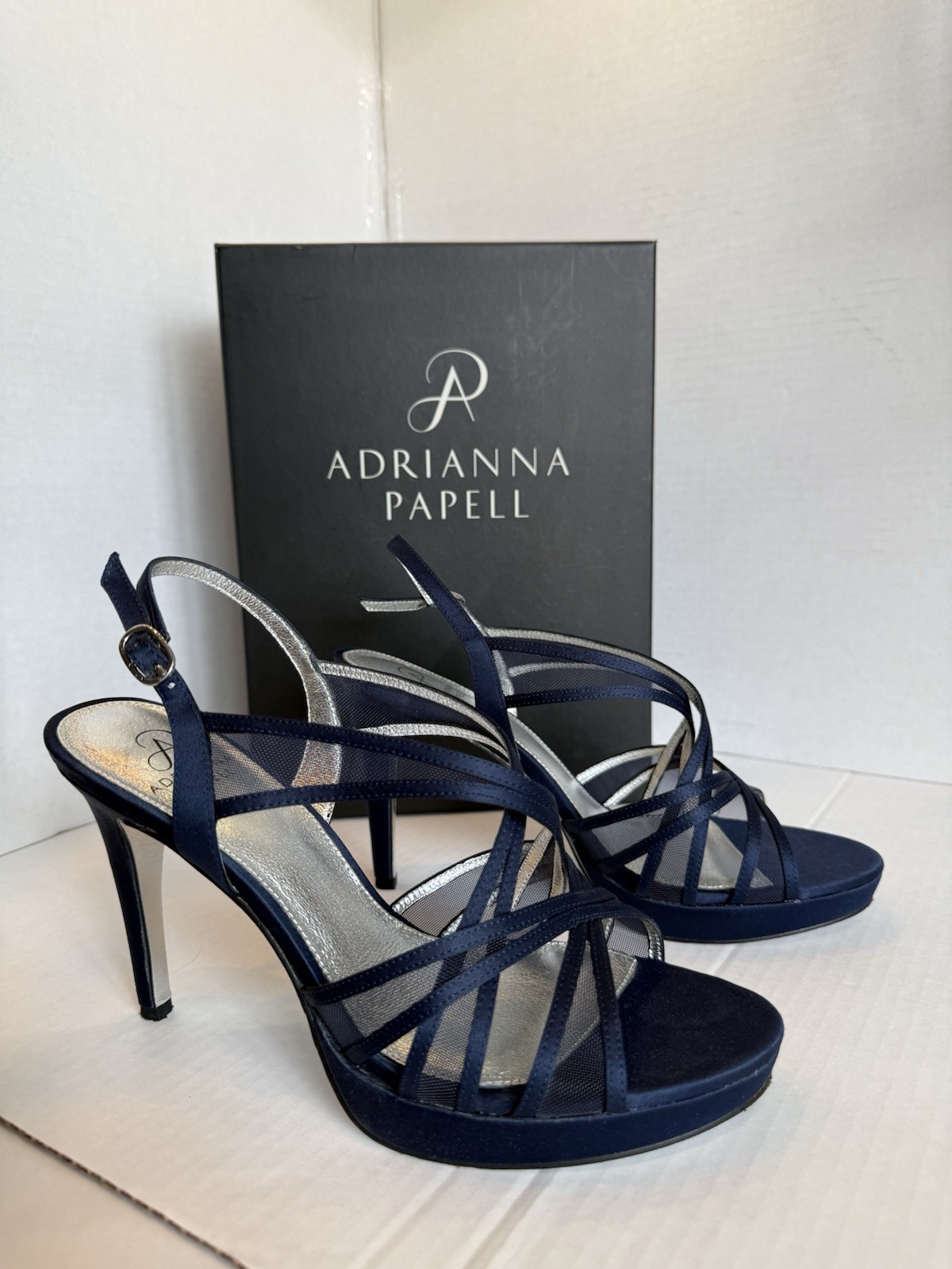 Adrianna Papell Navy Satin Strappy Heels Buckle Open Toe Adjustable Strap 9.5