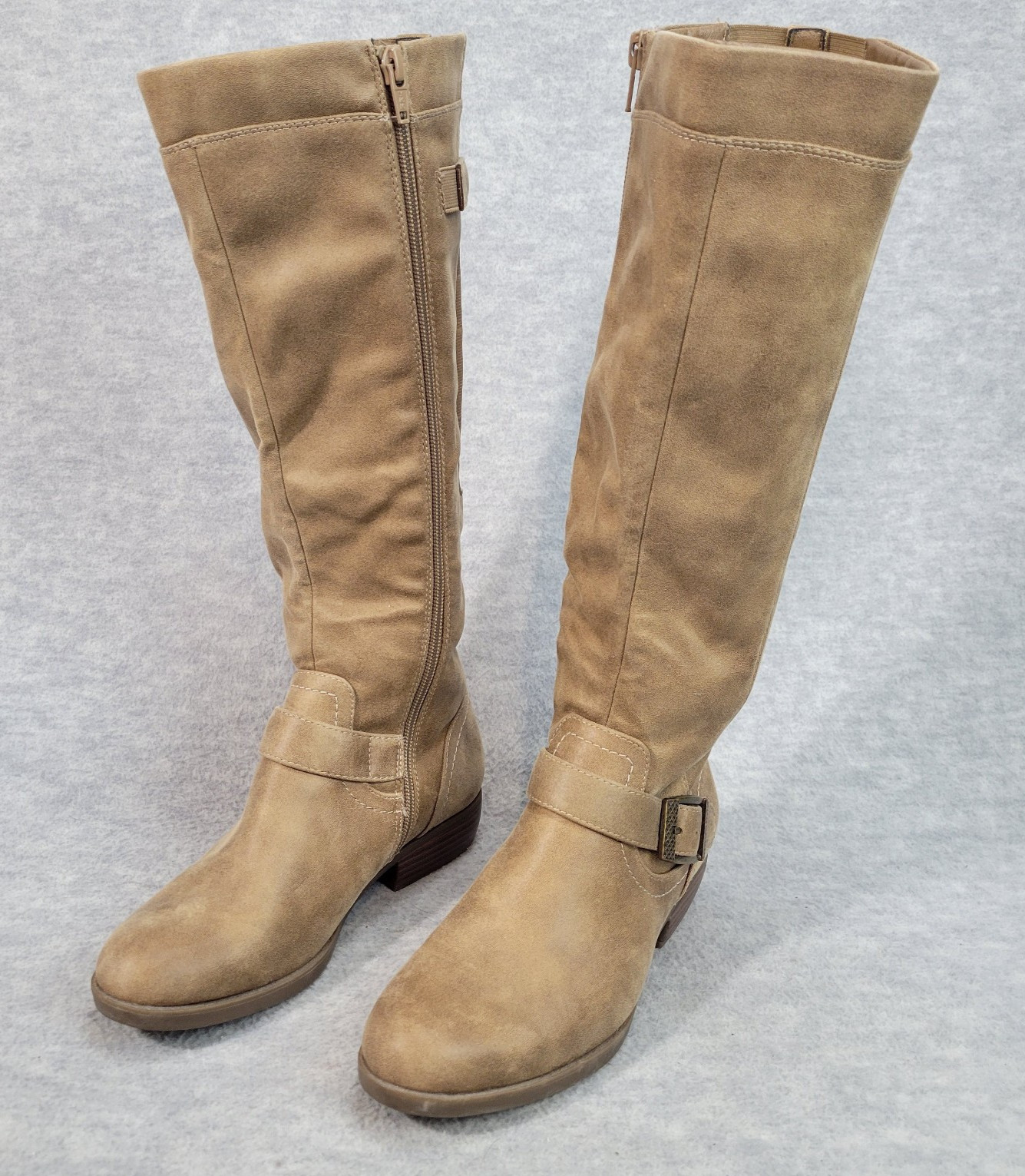 Yuu Jaxie Mid Calf Riding Boots Beige Suede Textile Women’s Size 6M
