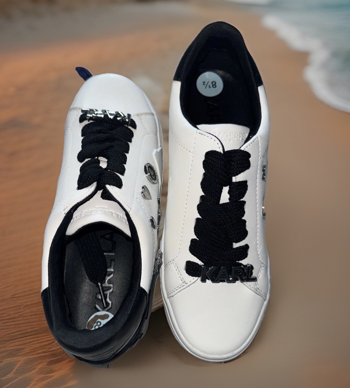New Karl Lagerfeld Women White/Black Paris Maddish Logo Sneakers,Sz. 7; 8.5 M