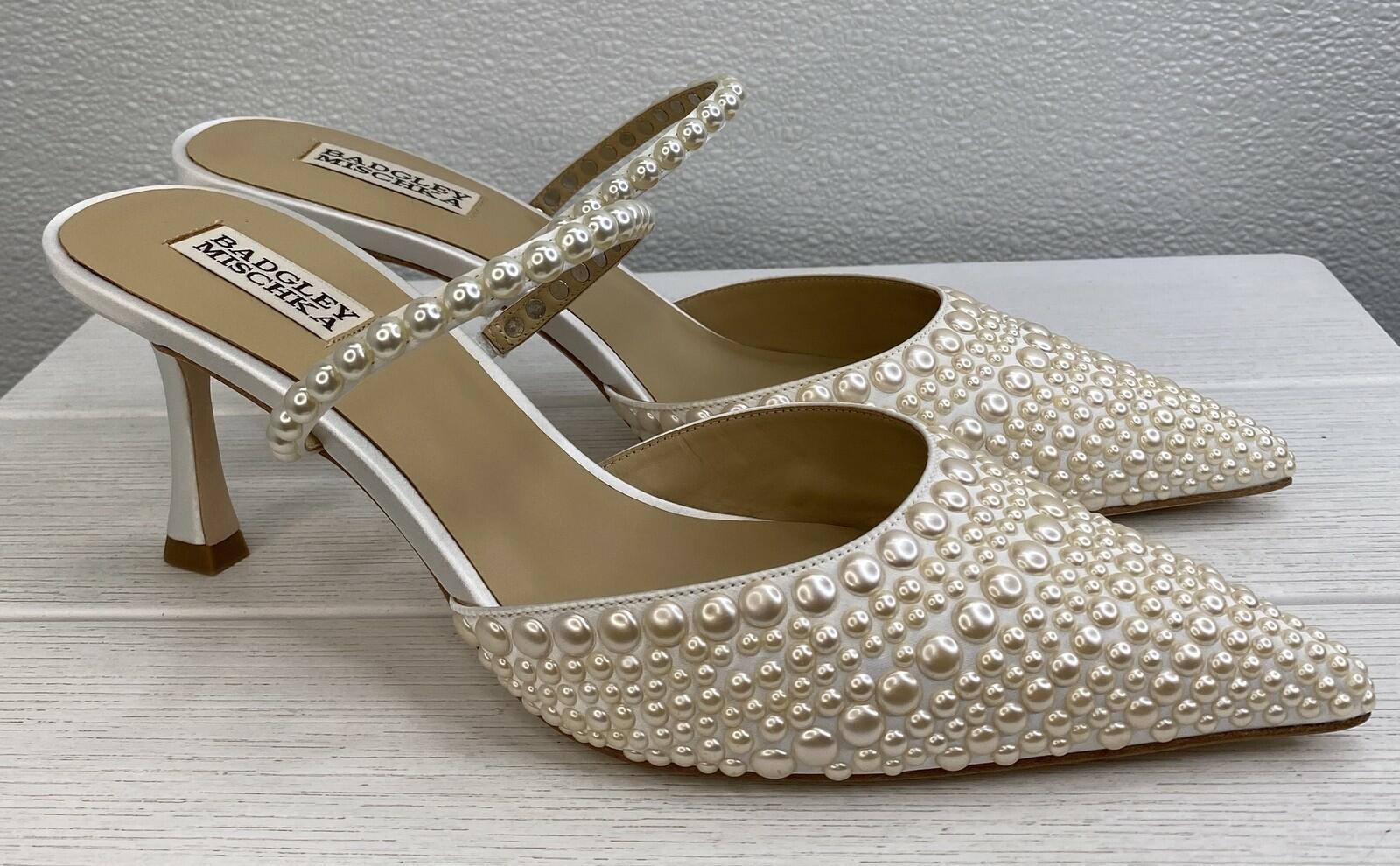 Badgley Mischka Duchess Pearl Heeled Mules, Soft White, 9.5 M