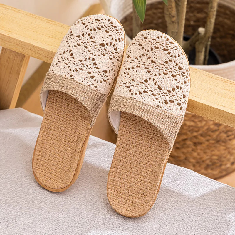 New Oriental Flax Slippers For Women Summer Indoor Home Summer Wooden Floor Slip